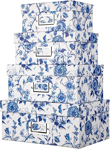 Briful Chinoiserie - Cajas de almacenamiento de porcelana azul y blanca con tapas, juego de 4 Organizador decorativo de tarjetas anidadas para