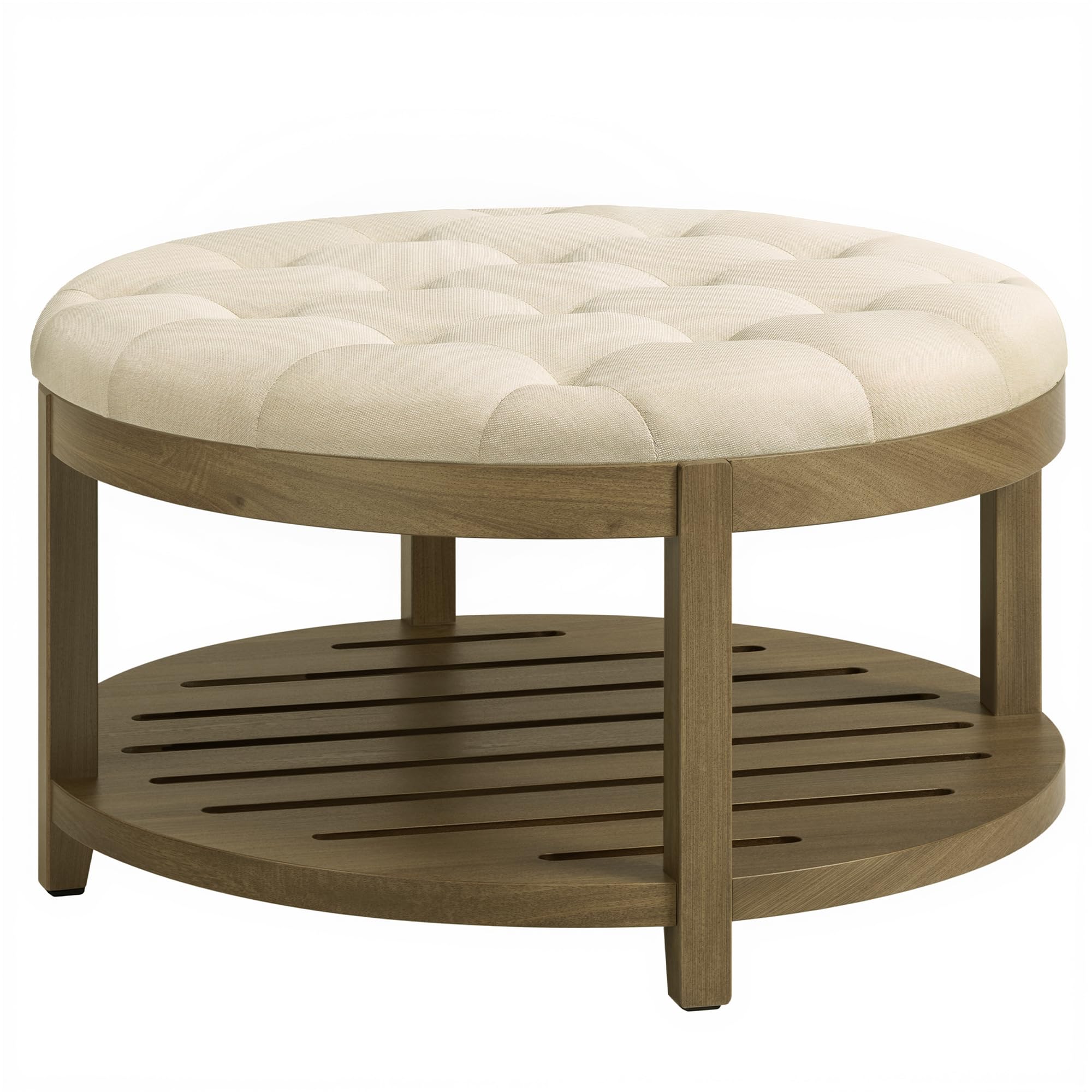 SONGMICS Storage Ottoman with Solid Wood Frame Round Upholstered Ottoman Coffee Table Footrest Tufted Cushion for Living Room