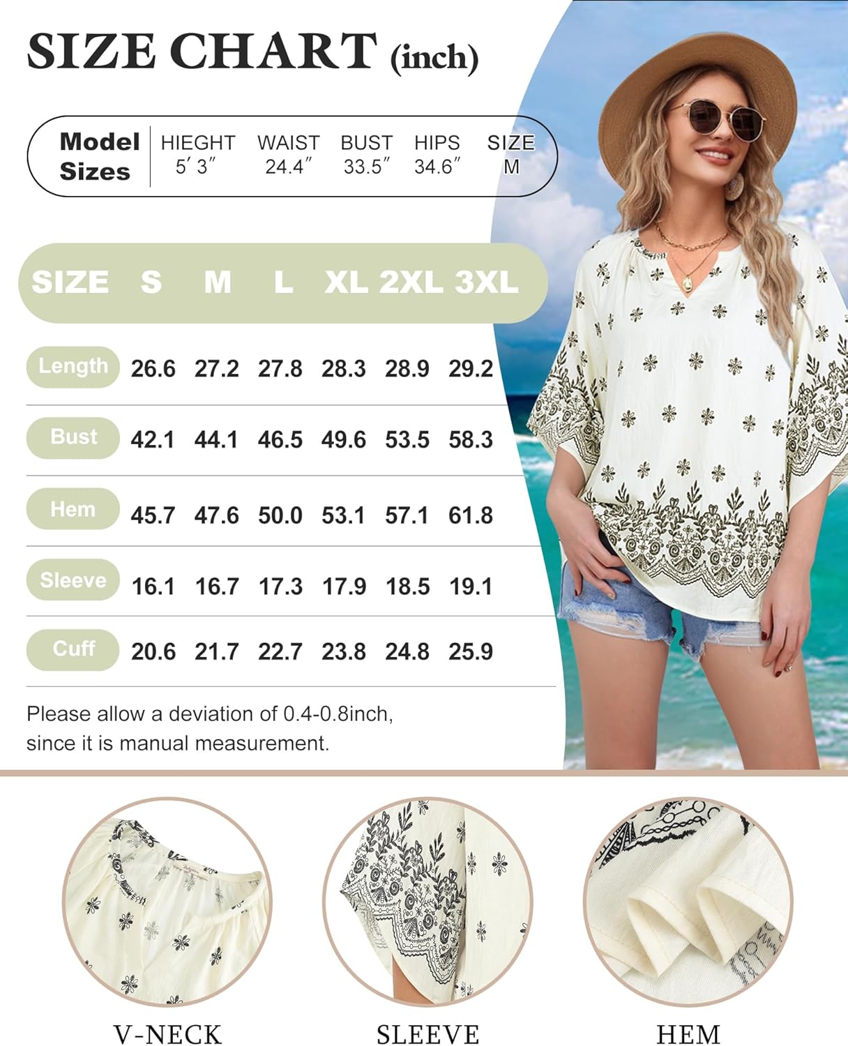 Bebonnie Womens 3/4 Sleeve V Neck Bohemian Peasant Blouses Casual Loose Fit Tunic Tops - Image 6