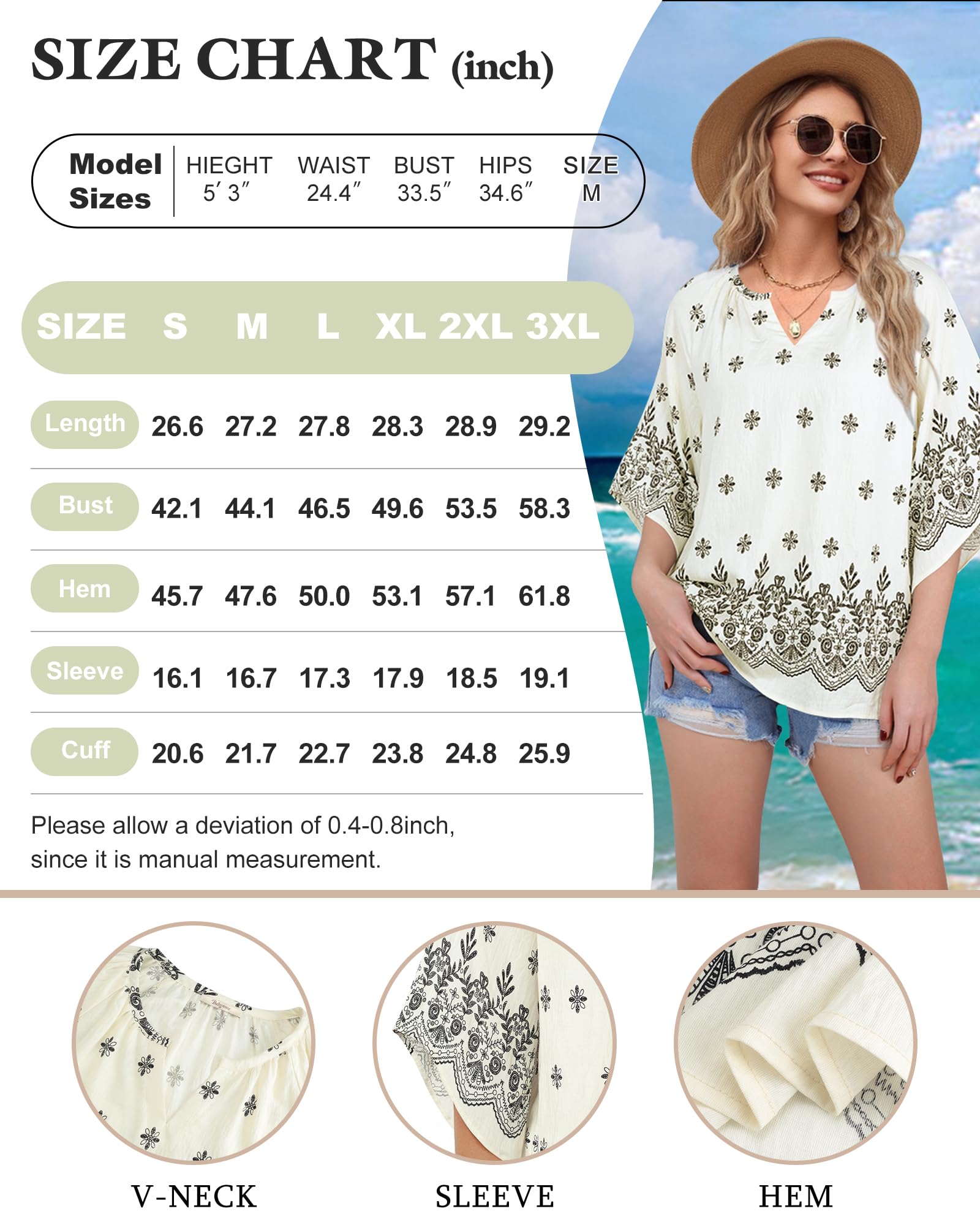 Bebonnie Womens 3/4 Sleeve V Neck Bohemian Peasant Blouses Casual Loose Fit Tunic Tops