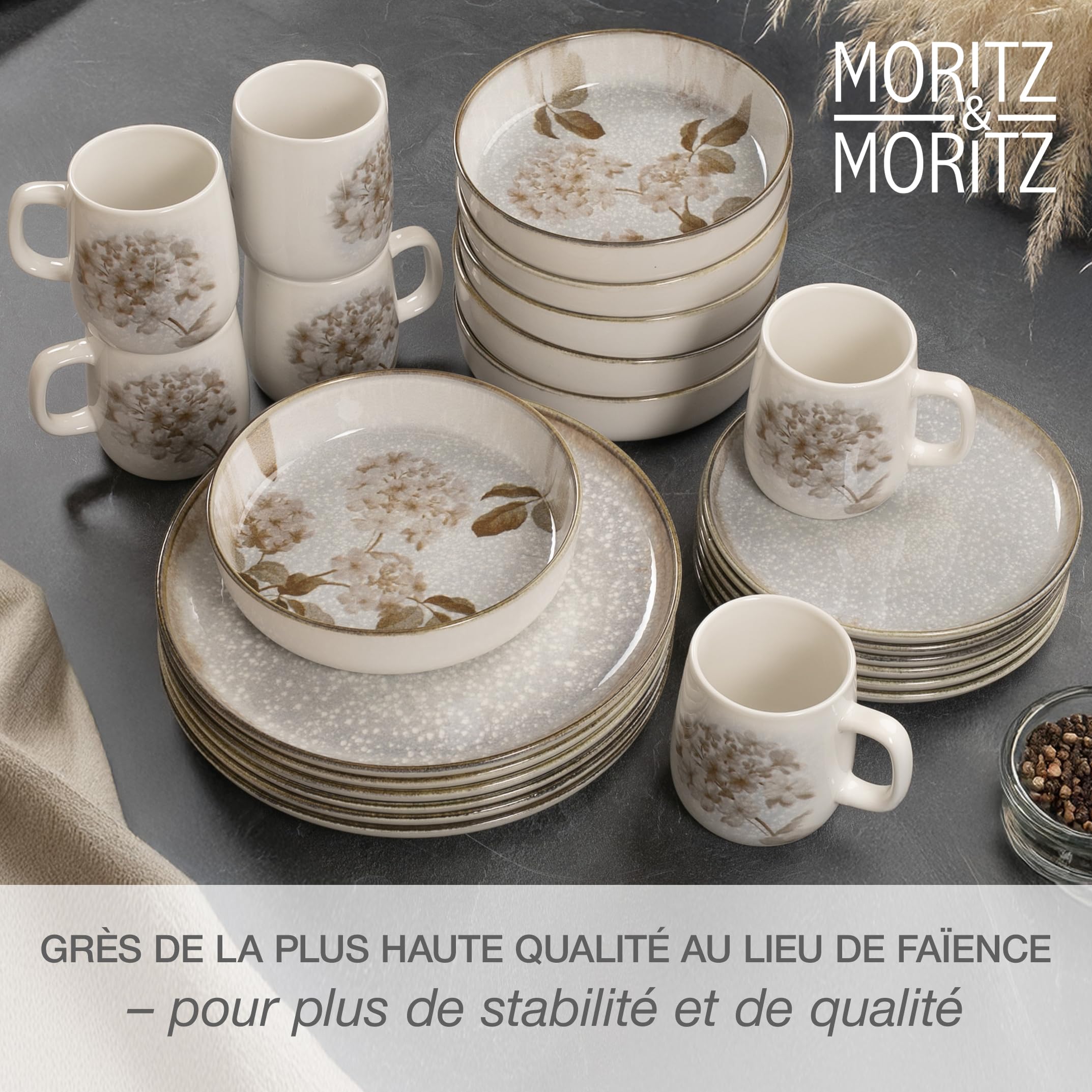 Moritz & Moritz BLOSSOM Service de table en porcelaine pour 6 personnes 24 pièces – Service de table moderne au design ludique – Service à café facile d'entretien avec assiettes, bols et tasses