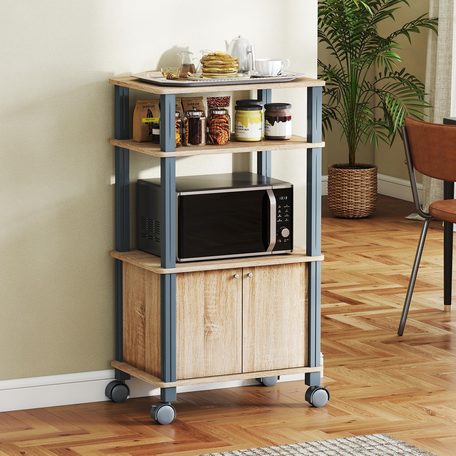 COSTWAY Scaffale da Cucina per Microonde Carrello da Cucina, con Ruote e 2 Ante, Multifunzionale e Movimento Flessibile, 60x40x98 cm (Naturale)