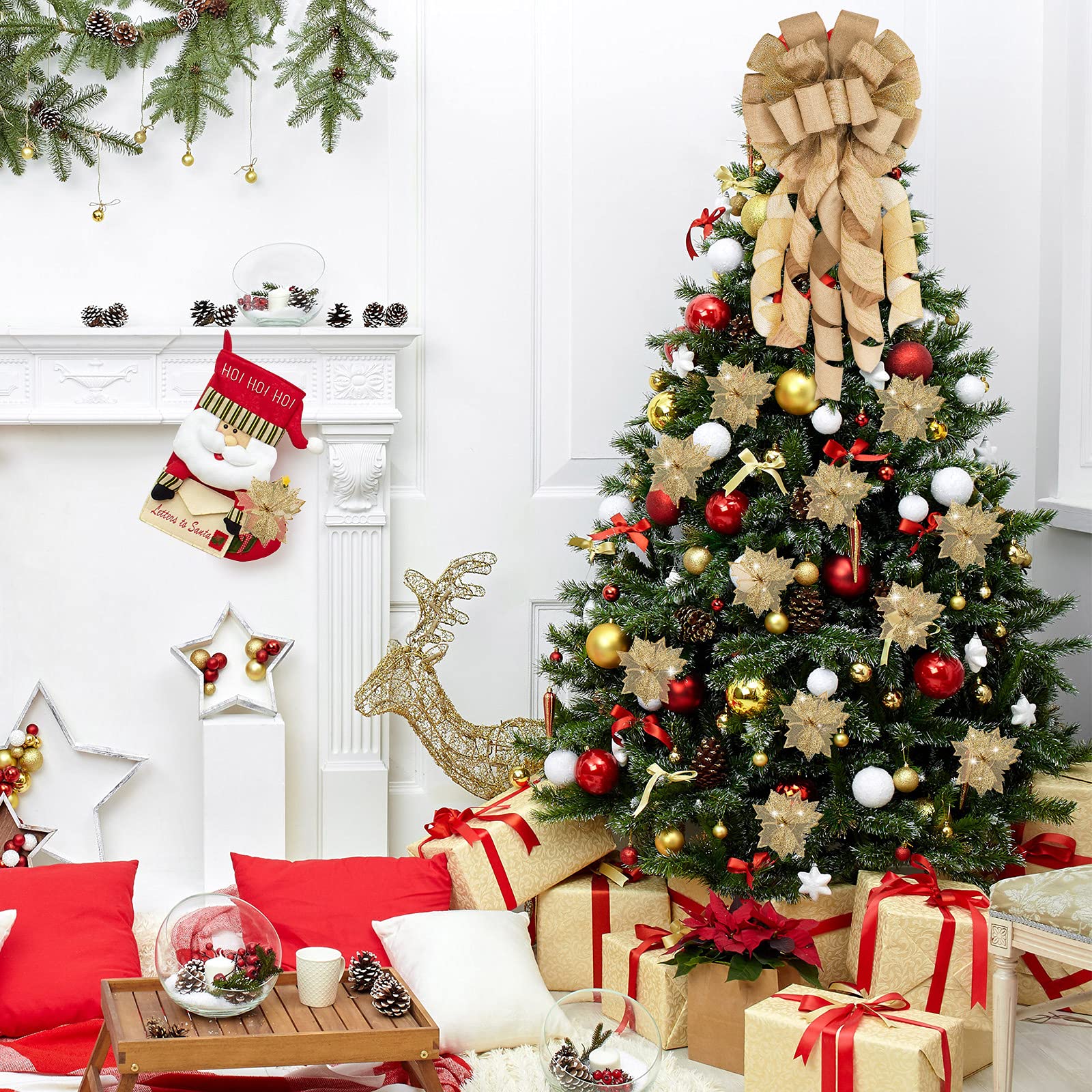 Grand Toppers de N UD 12 X 33 Pouces Noeud de Noël Suspendu Décoratif Ornements d'arbre de Noël Fleurs de Noël Artificielles avec Ruban pour Arbre de Noël (Linge)