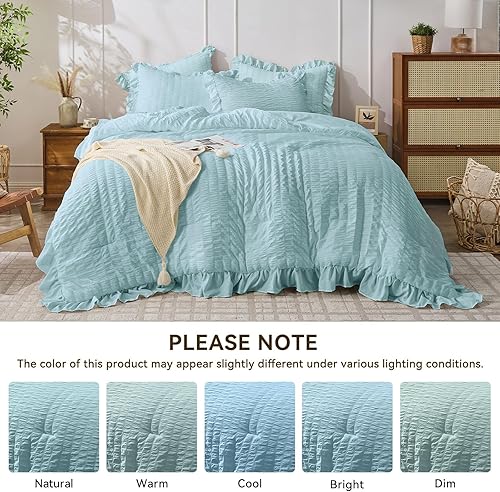 Miniatura 196 de JOLLYVOGUE - Juego de edredón tamaño queen, de 3 piezas, estilo seersucker, ligero y esponjoso para todas las estaciones, con 1 edredón con volantes