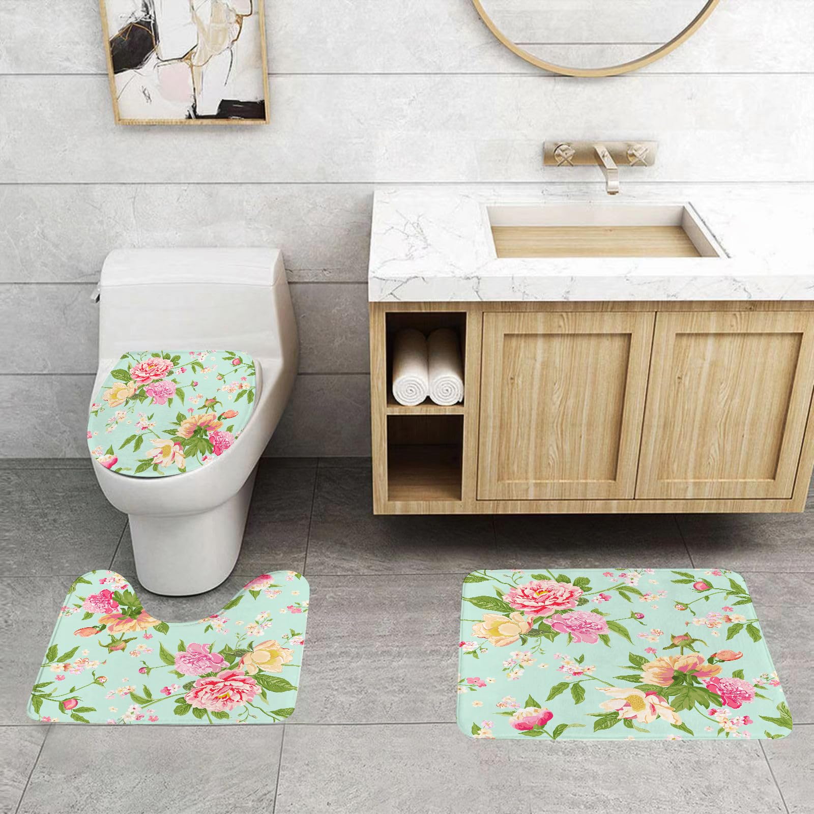 Set di 3 tappetini da Bagno, Lavabili in Lavatrice e Antiscivolo, in Morbida Fibra Superfine, con Motivo Floreale di Rose ad Acquerello sullo Sfondo.