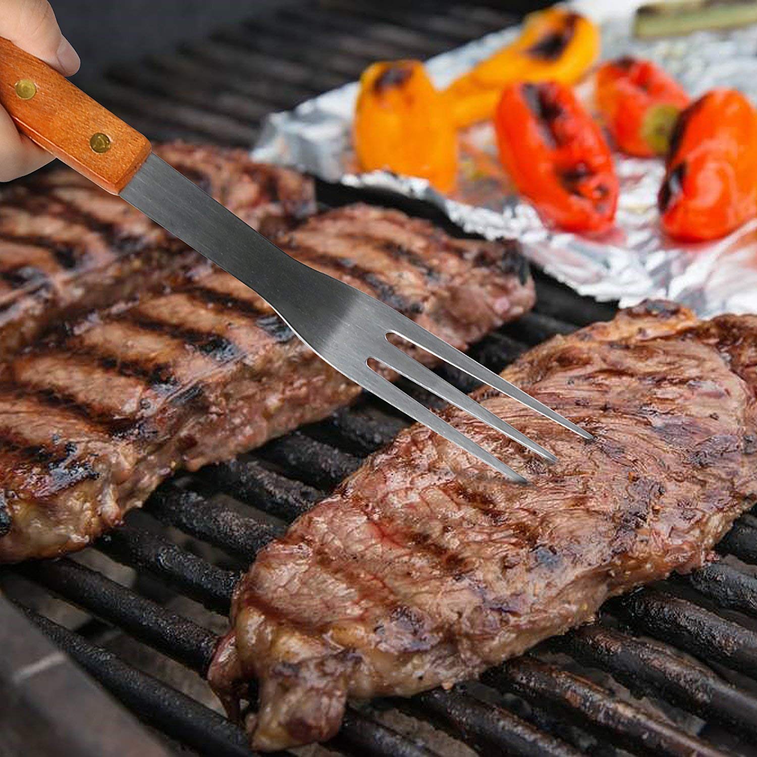 Set di Posate per Barbecue in Legno, 18 Pezzi, Set di Posate per Barbecue, Barbecue per Esterni, Barbecue, Set Barbecue, Facile da trasportare e Pulire, con Una Robusta Valigetta Nera