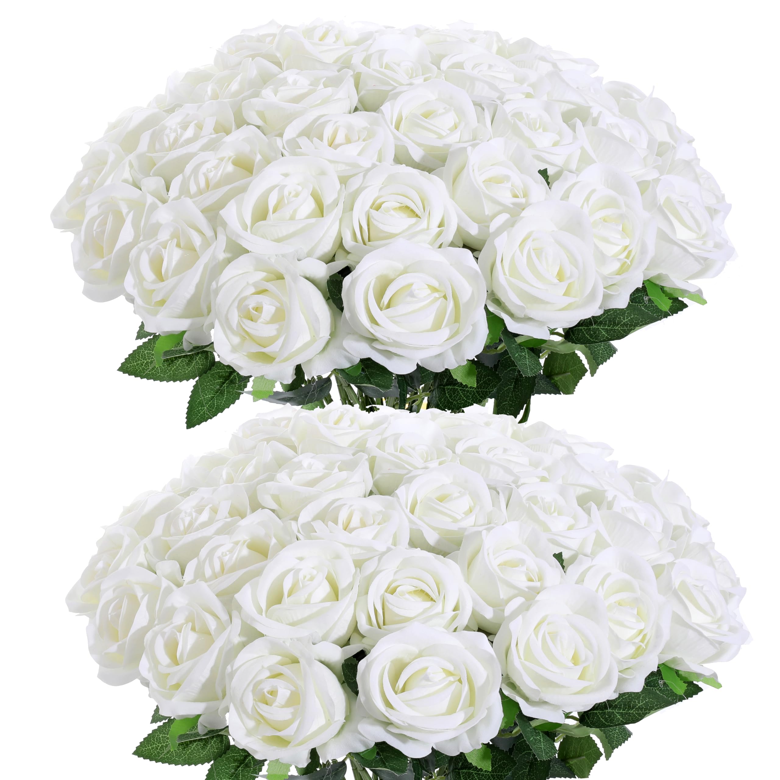 Cloudecor 50Pcs White Roses Artificial Flowers Fake Roses Faux Velvet Silk Flower for Home Wedding Decoration (Pearl Rose, White)