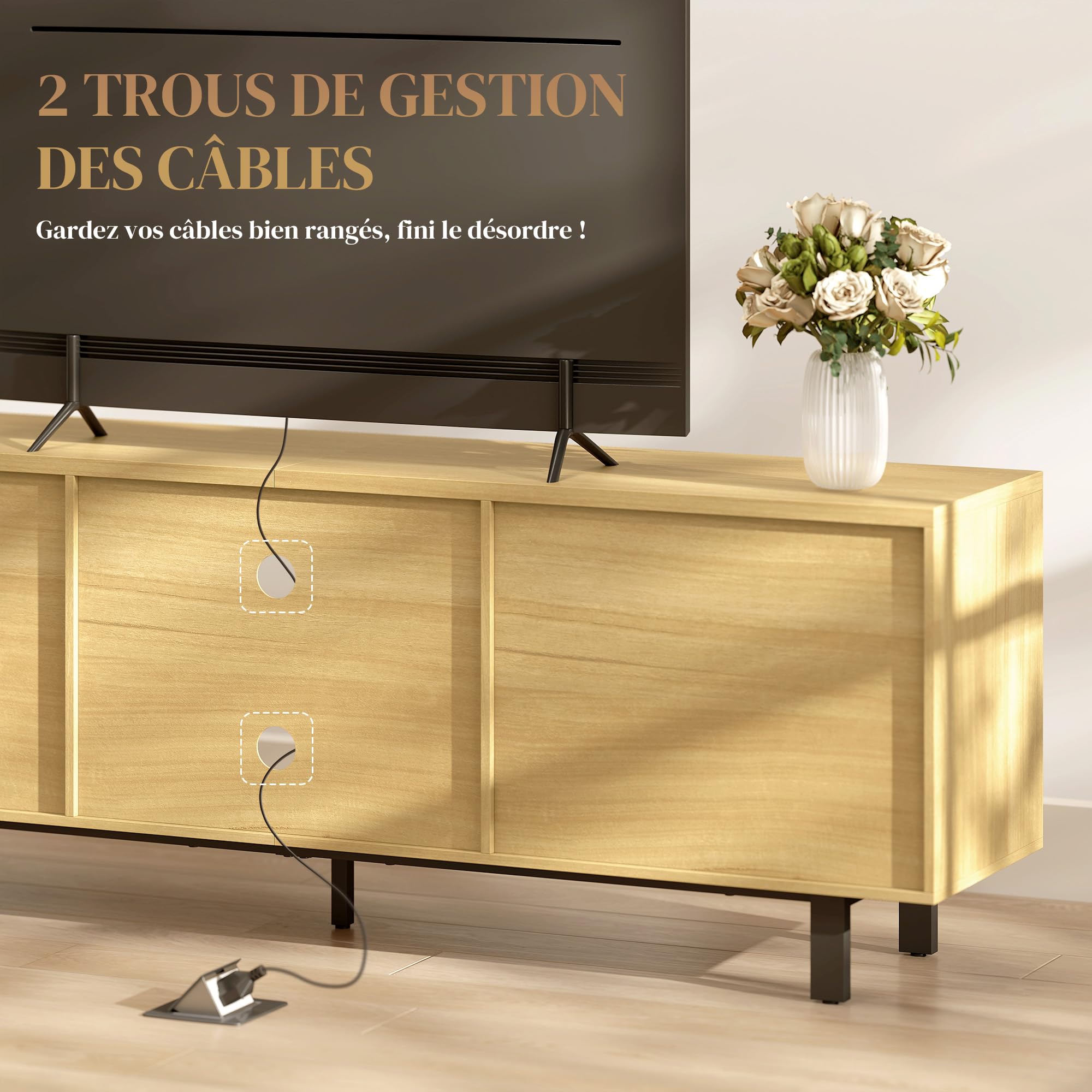Soporte de TV HOMCOM 160 cm, soporte de TV para televisores de hasta 65" con 2 puertas y 2 estantes abiertos, patas de metal, banco de TV para salón, dormitorio, madera natural