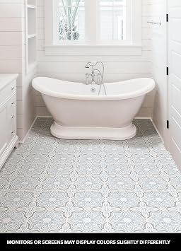 FloorPops Blue Morris Peel and Stick Floor Tiles, Blue Medallion Removable Vinyl Flooring, Self Adhesive Floor Tiles for Kitchen Bathroom Entryway