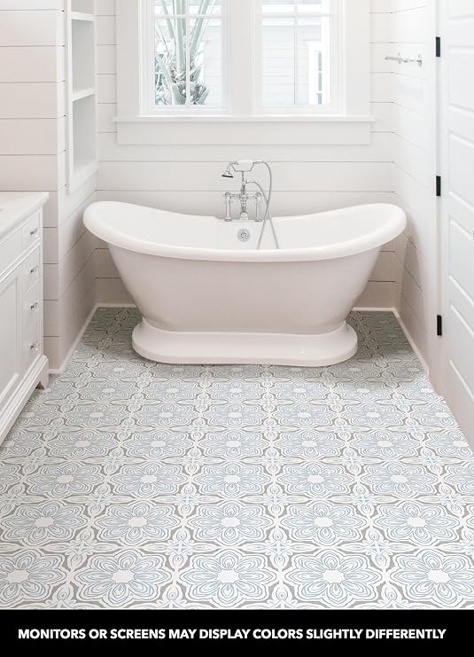 FloorPops Blue Morris Peel and Stick Floor Tiles, Blue Medallion Removable Vinyl Flooring, Self Adhesive Floor Tiles for Kitchen Bathroom Entryway