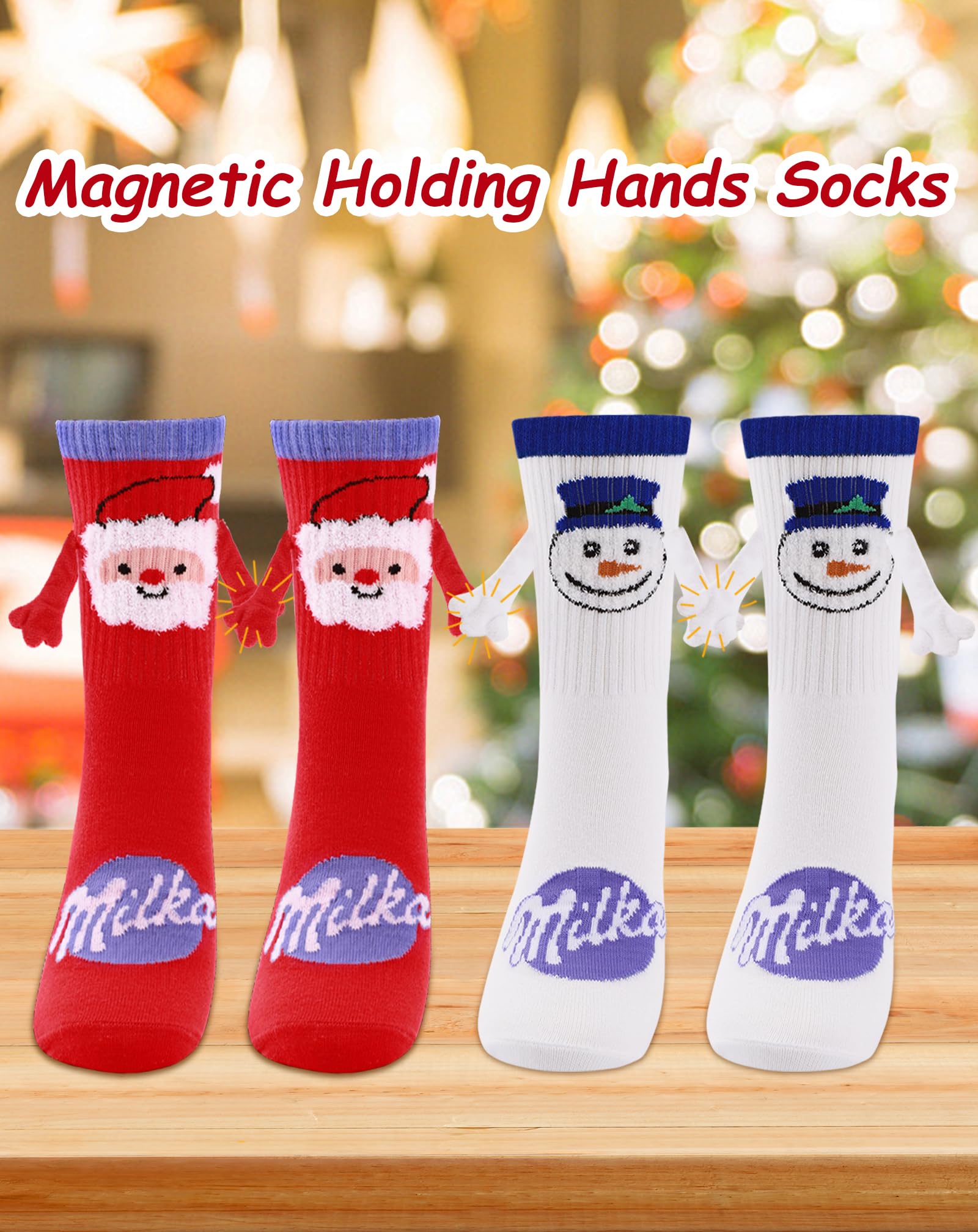 Lot de 4 paires de chaussettes de Noël amusantes tenant les mains, magnétiques pour homme et femme, chaussettes de vacances folles avec imprimé de Noël, chaussettes de Noël fantaisies pour couple