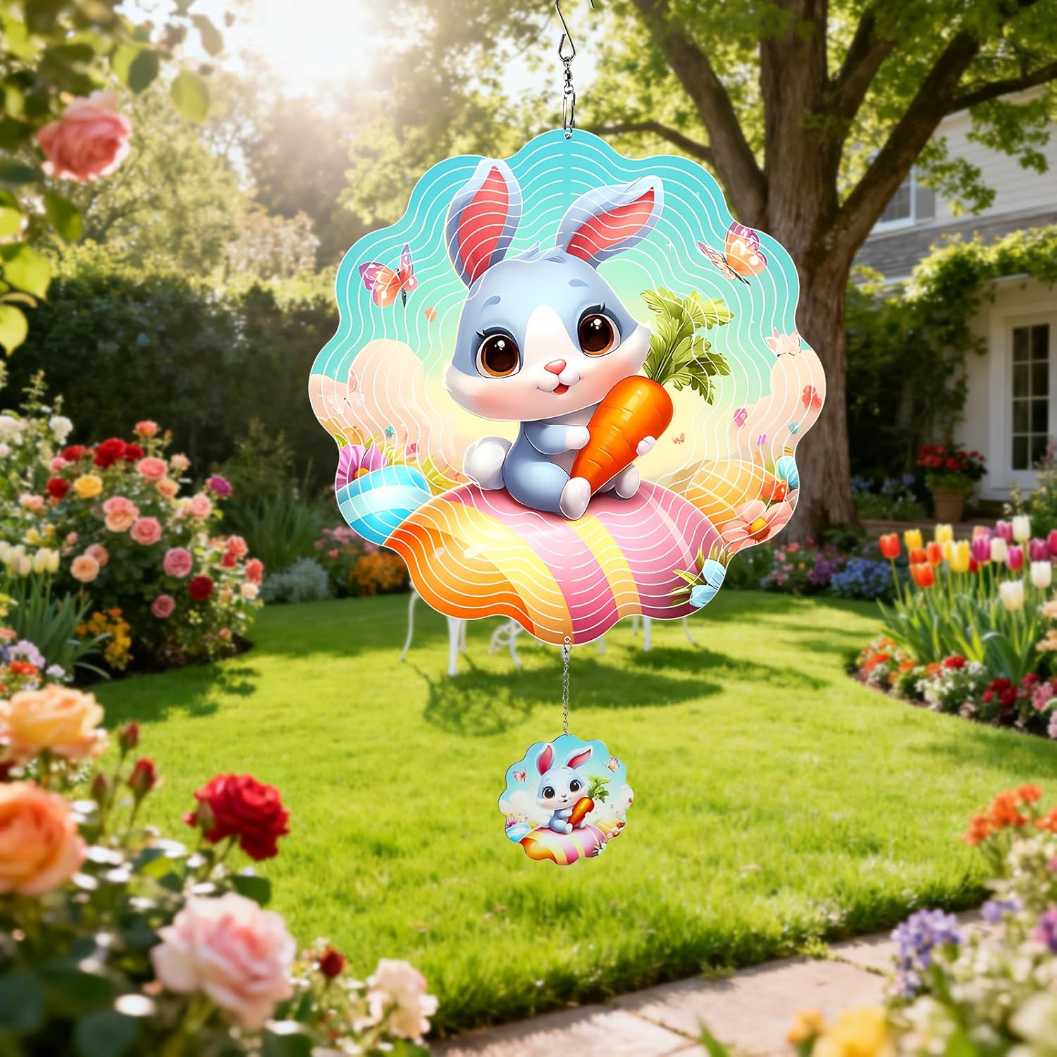 MXJSUA Easter Wind Spinners for Indoor Outdoor Garden Decoration, 12 Inch Bunny Stainless Steel Hanging Wind Spinners Ornaments Crafts for Gifts