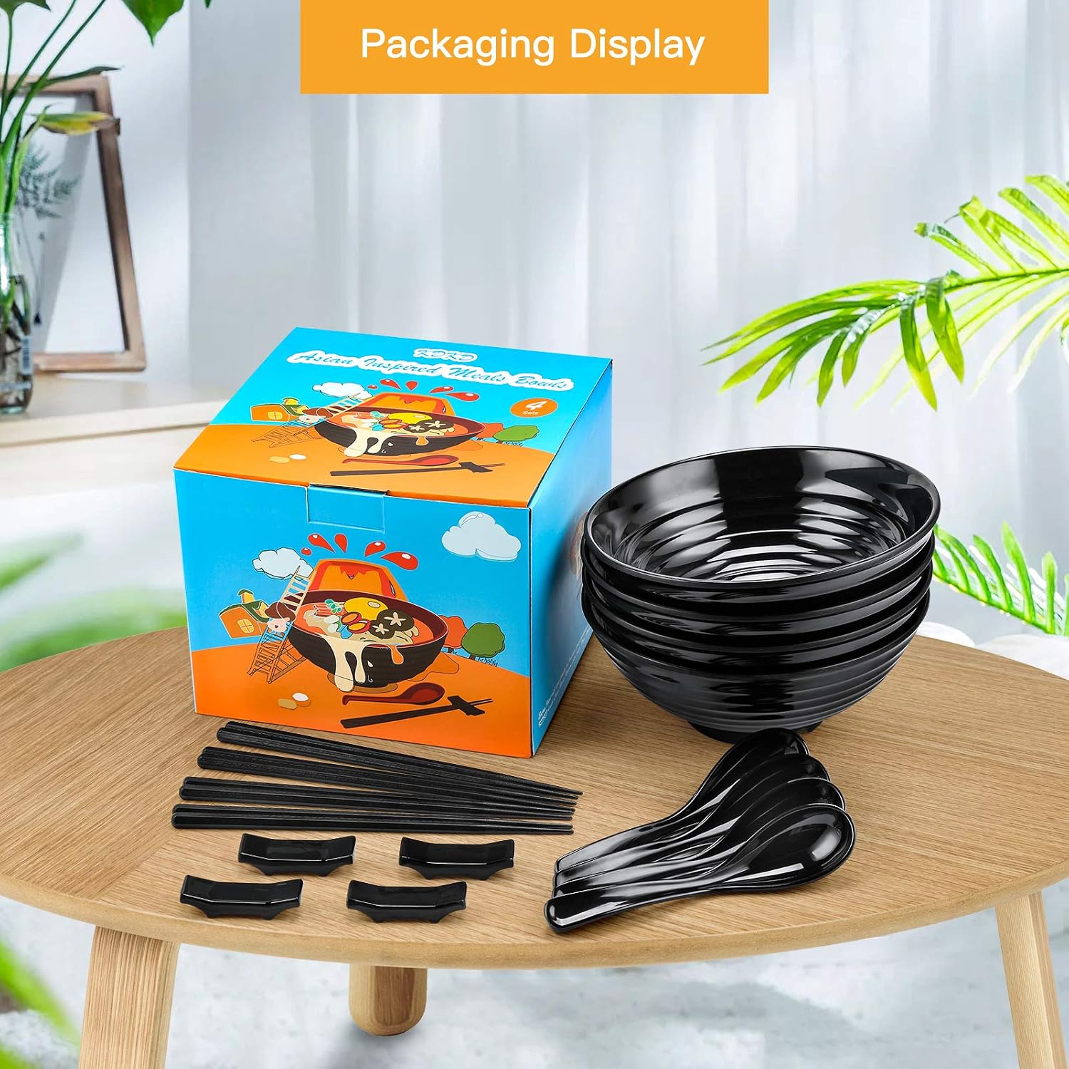 KDKD 4 Sets Ramen Bowl Sets (16 pieces) Melamine Large Noodle Bowls Set. 8 Inch Asian Chinese Japanese or Pho Soup 38oz. With Spoons, Chopsticks and Stands Complete Dinnerware. Black