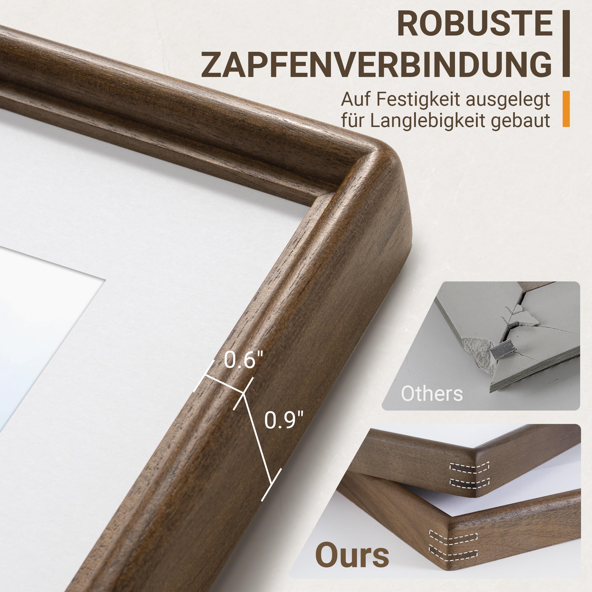 Bilderrahmen 45x60cm aus Massivholz Nussbaum, HD Gehärtetes Glas, Fotorahmen mit Passepartout für 34x49cm, Modern, Deko für Wohnzimmer & Büro, Wandmontage