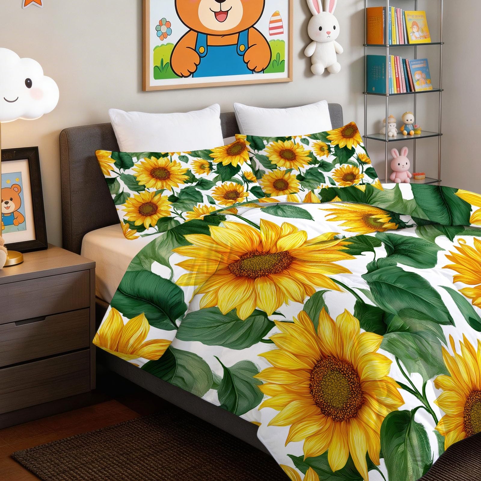 Générique Piumino morbido e caldo, bianco, 220 x 240 cm, botanico floreale girasole trapunte 4 stagioni, 2 persone, Edredon con 2 federe, reversibile, piumino senza federa