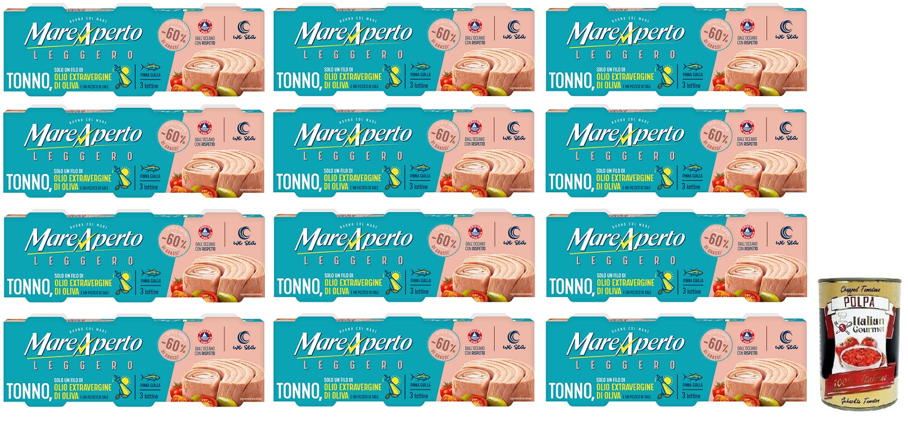 Italian Gourmet Tonno Leggero Thunfisch in Olivenöl 12 x 3 x 60g Dose | Con un filo di extravergine e sale, zart im Geschmack, leichte Rezeptur für, Gesamtnettogewicht 180 g + Kostenlos Polpa 400g