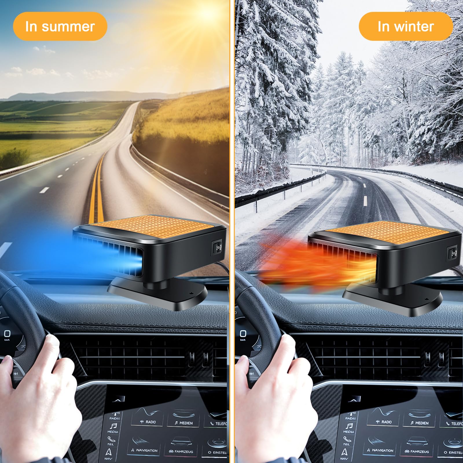 Chauffage de voiture 12 V 200 W 2 en 1 - Chauffage et refroidissement rapides avec rotation à 360 ° - Chauffage portable pour connexion à l'allume-cigare - Dégivreur de pare-brise pour - 3