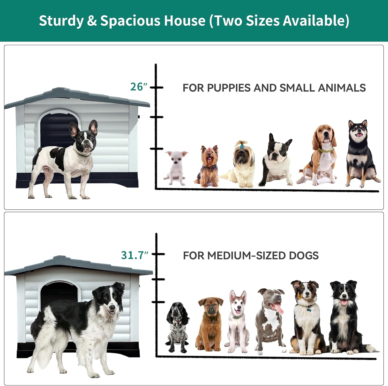 YITAHOME 2-Door Large Dog House with Elevated Base & Cushion, Plastic Pet House for Small and Medium Dogs, Easy Assembly, Waterproof for Indoor/Outdoor Use (36''L x 27.1''W x 26''H)