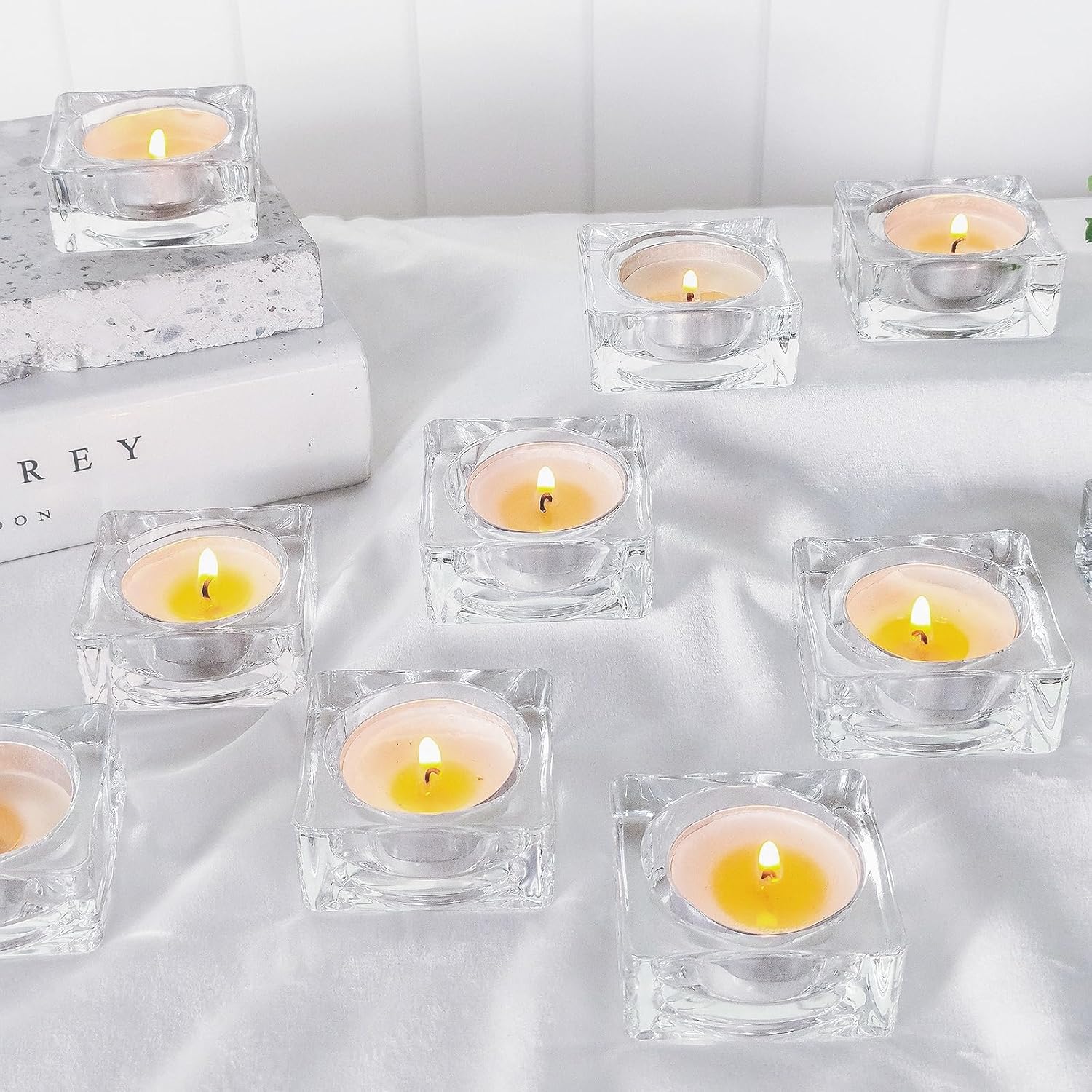 Tealight Candle Holder Set of 24, Clear Glass Candle Holder Heat-Resistant Square Holders for Wedding, Party, Home Décor