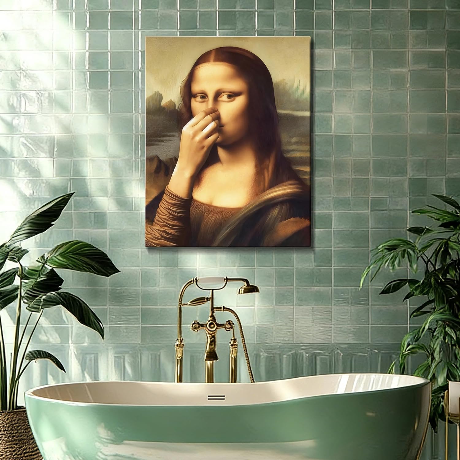 HomeifHue Funny Bathroom Canvas Wall Art, Vintage Humor Mona Lisa Pinching Nose Poster, Amusing Mona Lisa Art Prints for Bathroom Toilet Washroom（F7 12x18in）
