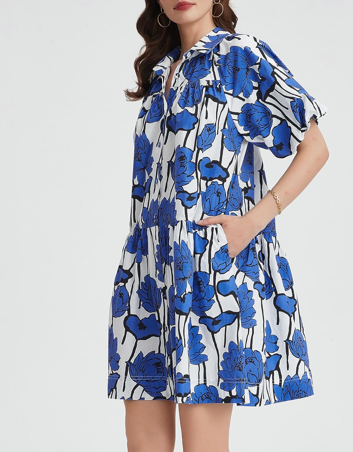 Kedera Women's Summer Button Down Shirt Dress Floral Puff Short Sleeve Casual Loose Fit Beach Mini Dresses - Image 4