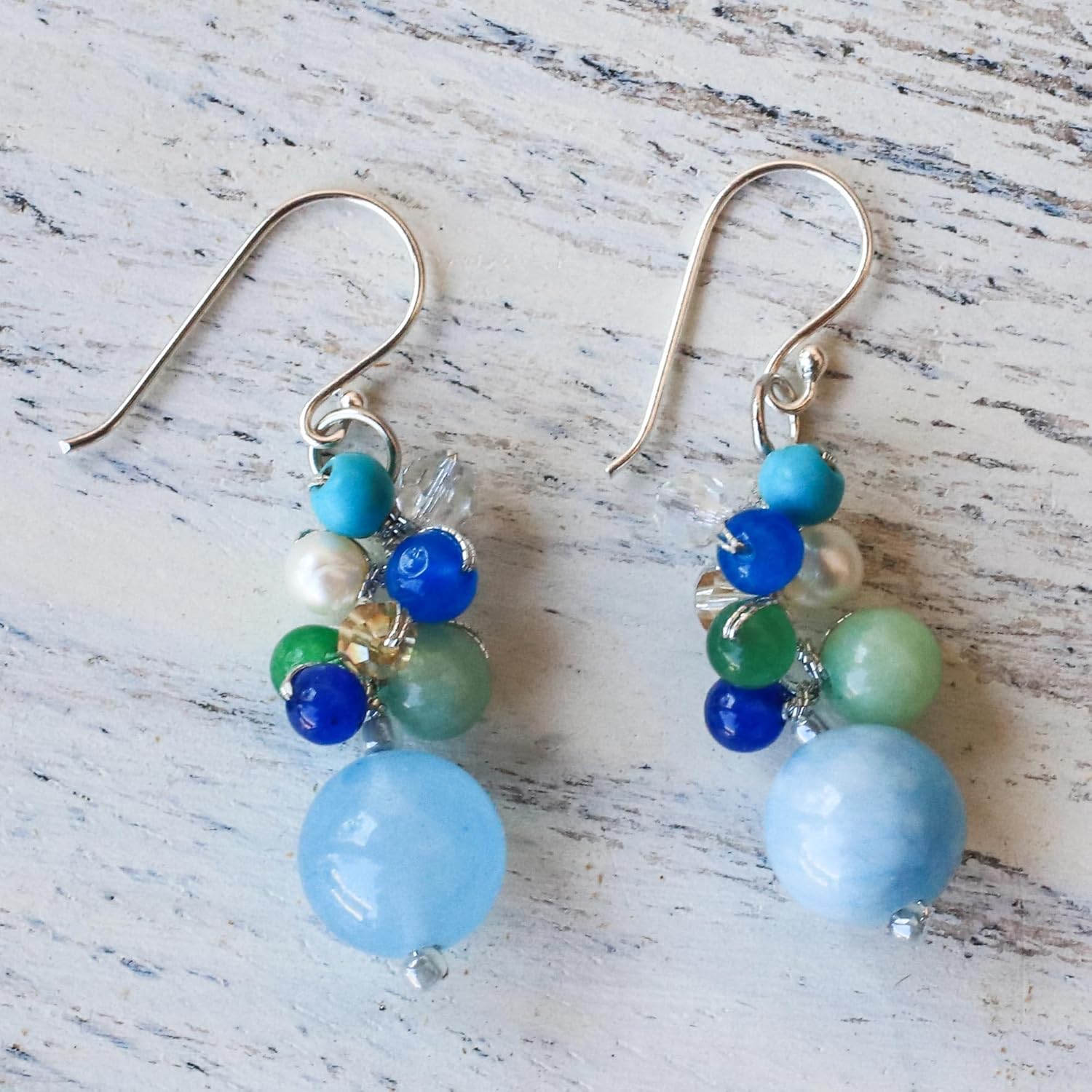 NOVICA Artisan Handcrafted Dyed Quartz Earrings | Sterling Silver Calcite | Cultured Freshwater Pearl | Beaded Bead Dangle | Long French Wire | Blue Multigemstone | Thailand 'Happy Bunch' 1.6"L x