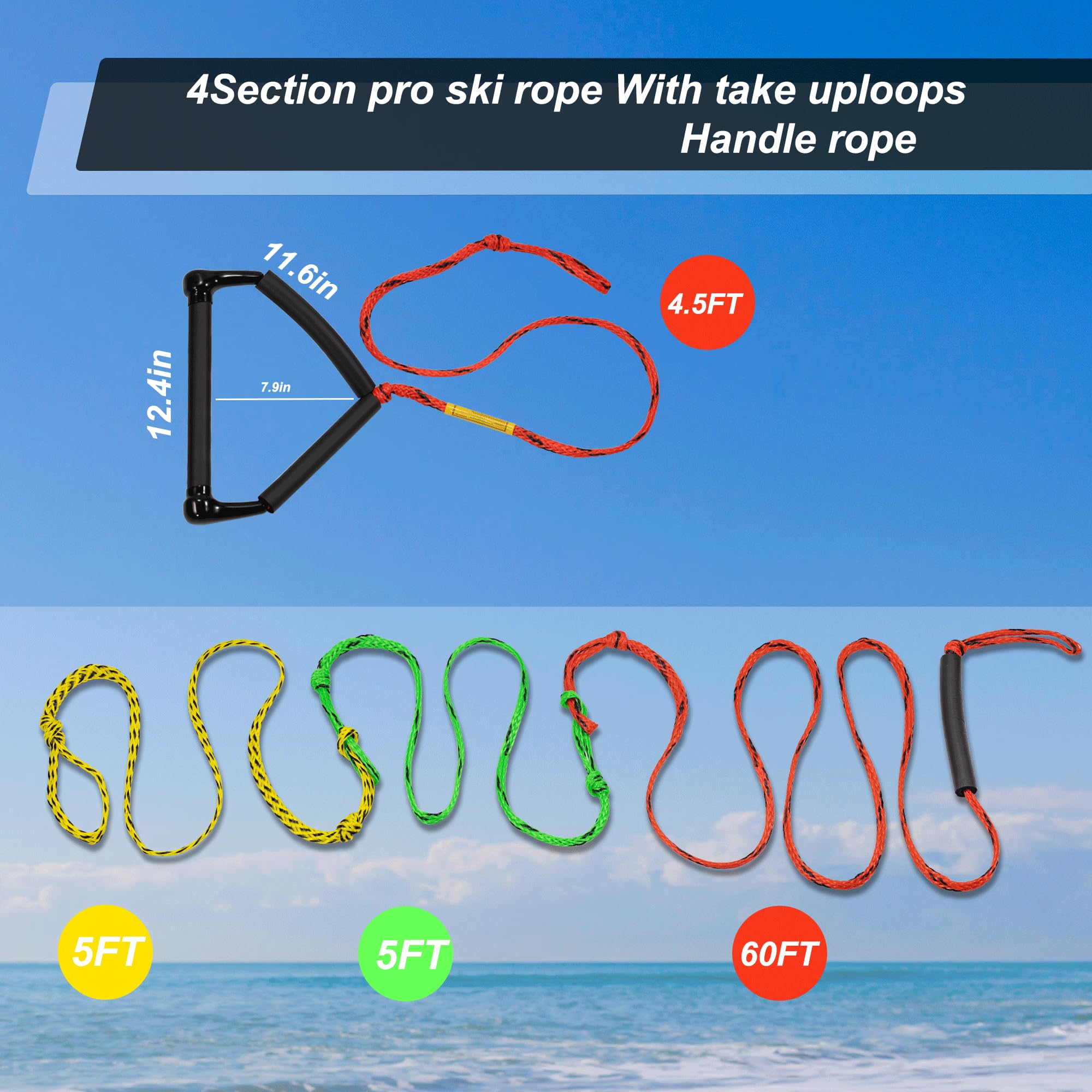 2,5 m Wasser-Seil, Wakeboard-Seil, 4 Abschnitte mit 31,5 cm ergonomischem EVA-Griff, schwimmender Griff, 1–2 Reiter-Schlauch-Abschleppseil für Schläuche – Bootsabschleppseil für Kniebrett