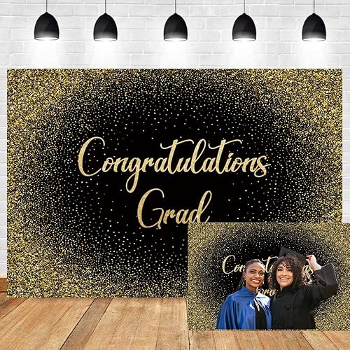 Graduation Backdrop Black and Gold Glitter Congrats Grad Backdrop Banner Class of 2025 Photo Backdrop School College Congratulations Graduation Party Decoration Photography Background 8x6ft