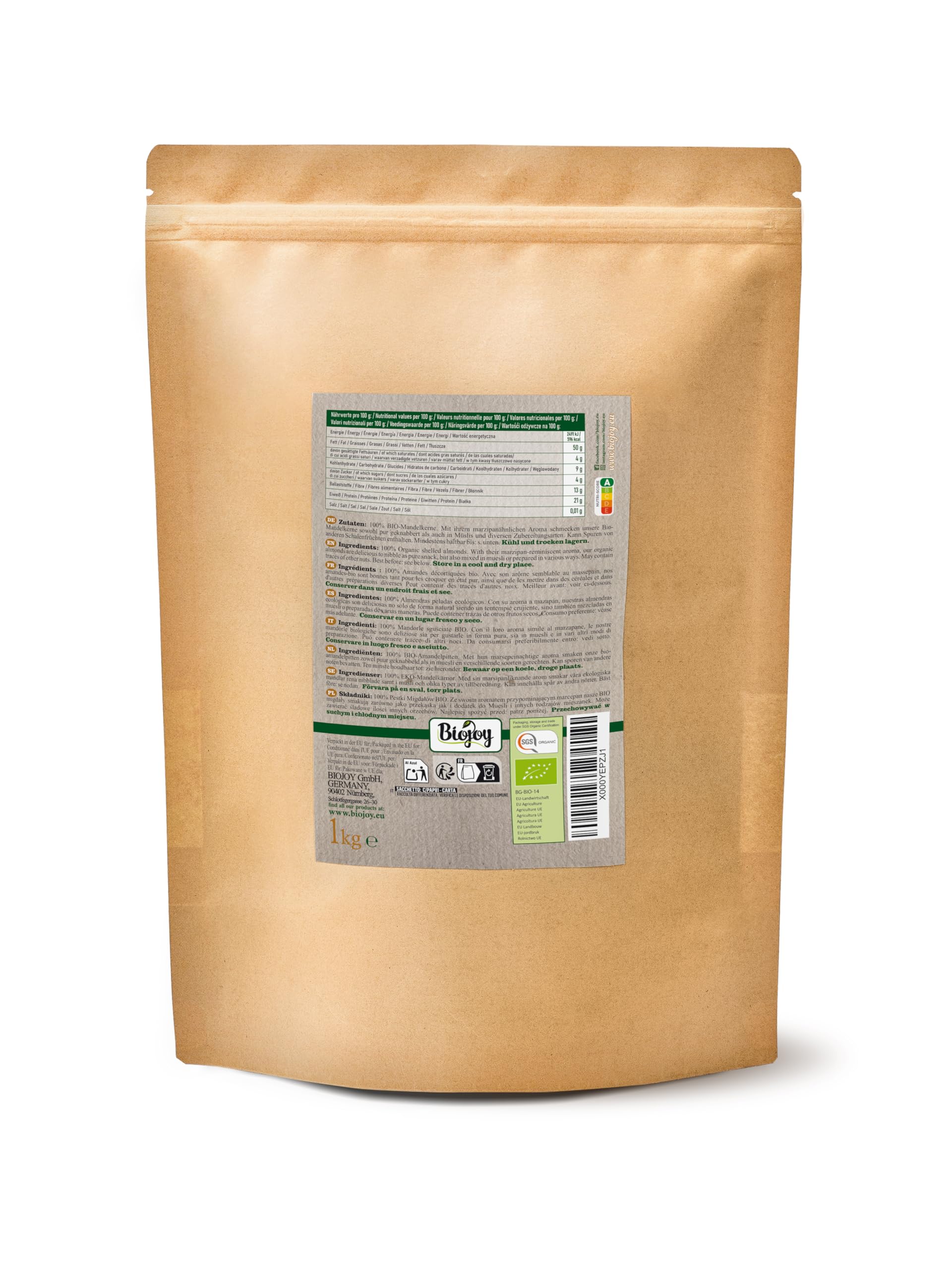 Biojoy Amandes décortiquées BIO (1 kg), entières et non salées