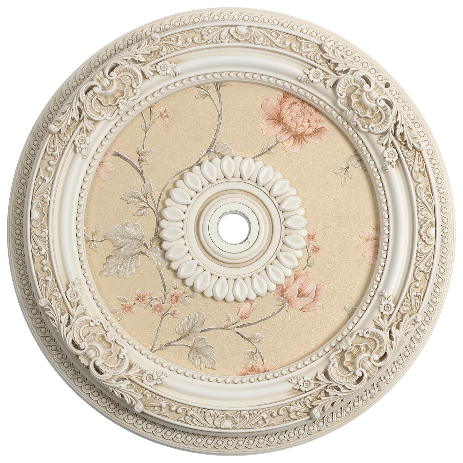 Large Ceiling Medallion, 31.5 Inch, Silver and Gold, Floral Embossed, for Light Fixtures and Chandeliers — Amazon image 8