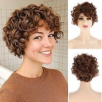 Vista 9 de Baruisi - Pelucas cortas y esponjosas rubias para mujeres, de aspecto natural, sintéticas, cabello rizado para cosplay