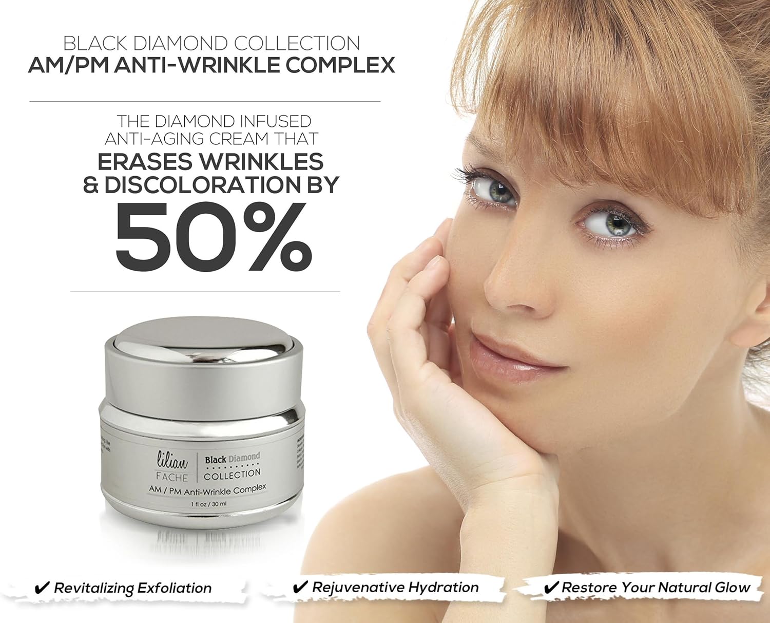 Face Moisturizer Anti-Aging Wrinkle Complex By Lilian Fache - Skin Care for AM/PM - Black Diamond Dust Infused - Beauty for Women and Men Product - Skin Repair, Deep Wrinkle, Fine Line Correction and Collagen Restoring Cream, 1oz./30ml - Pack of Six