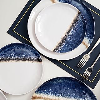 12 Piece Melamine Dinnerware Sets for 4,Unbreakable and Lightweight Plates and Bowls Sets for Camping, Chip and Scratch Resistant,Ideal for RV,Cobalt Blue and White