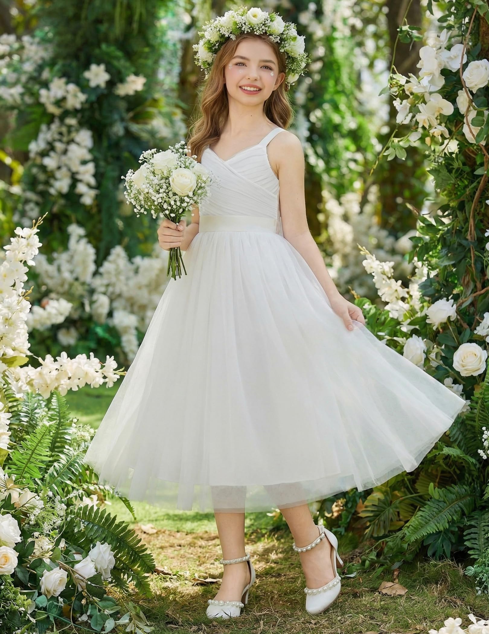 Arshiner Flower Girl Dress Spaghetti Strap Tulle Long Formal Wedding Pageant Party Fancy Princess Ball Gown Dresses — view 3