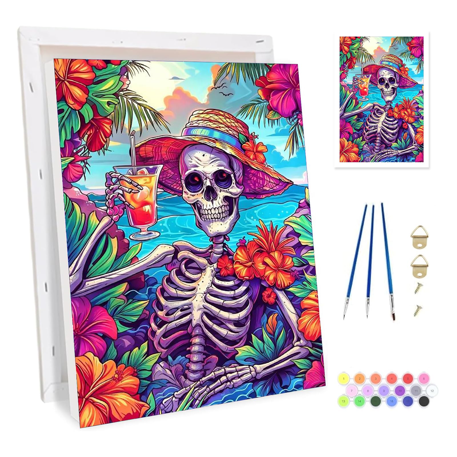 Bowetile Framed Skeleton Paint by Numbers for Adults Canvas, Flower Painting by Numbers Kit for Beginners Canvas, DIY Color Oil Painting Acrylic Paints for Home Wall Decor20x30cm — image 1