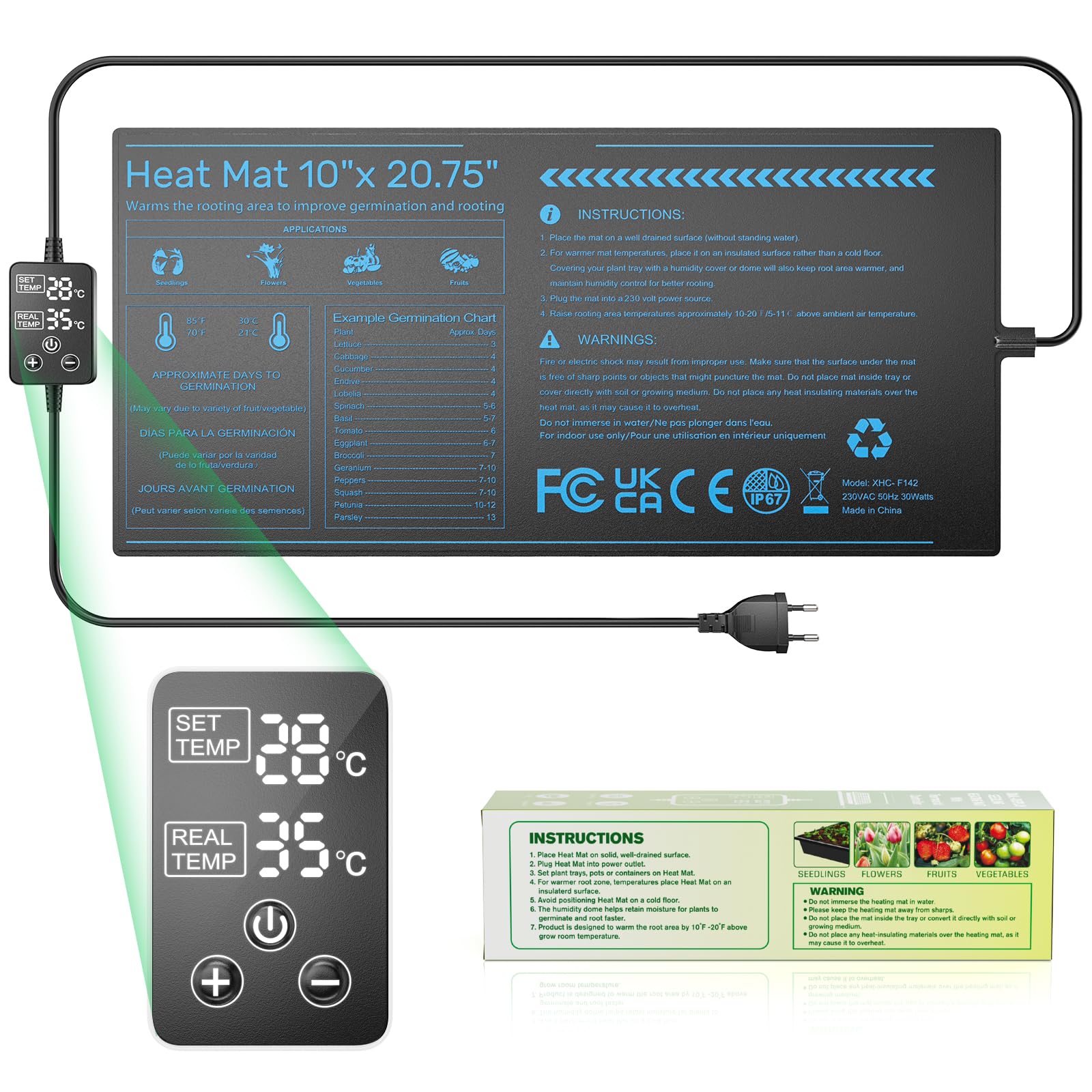 Heizmatte Pflanzen mit Thermostat 25 x 52cm, 30W Pflanzen-Wärmematte mit 0 bis 50 °C Temperaturregler und LCD-Anzeige, IP67 wasserdichte, für Setzling Keimung, Hydrokultur, Zucht und Reptilien