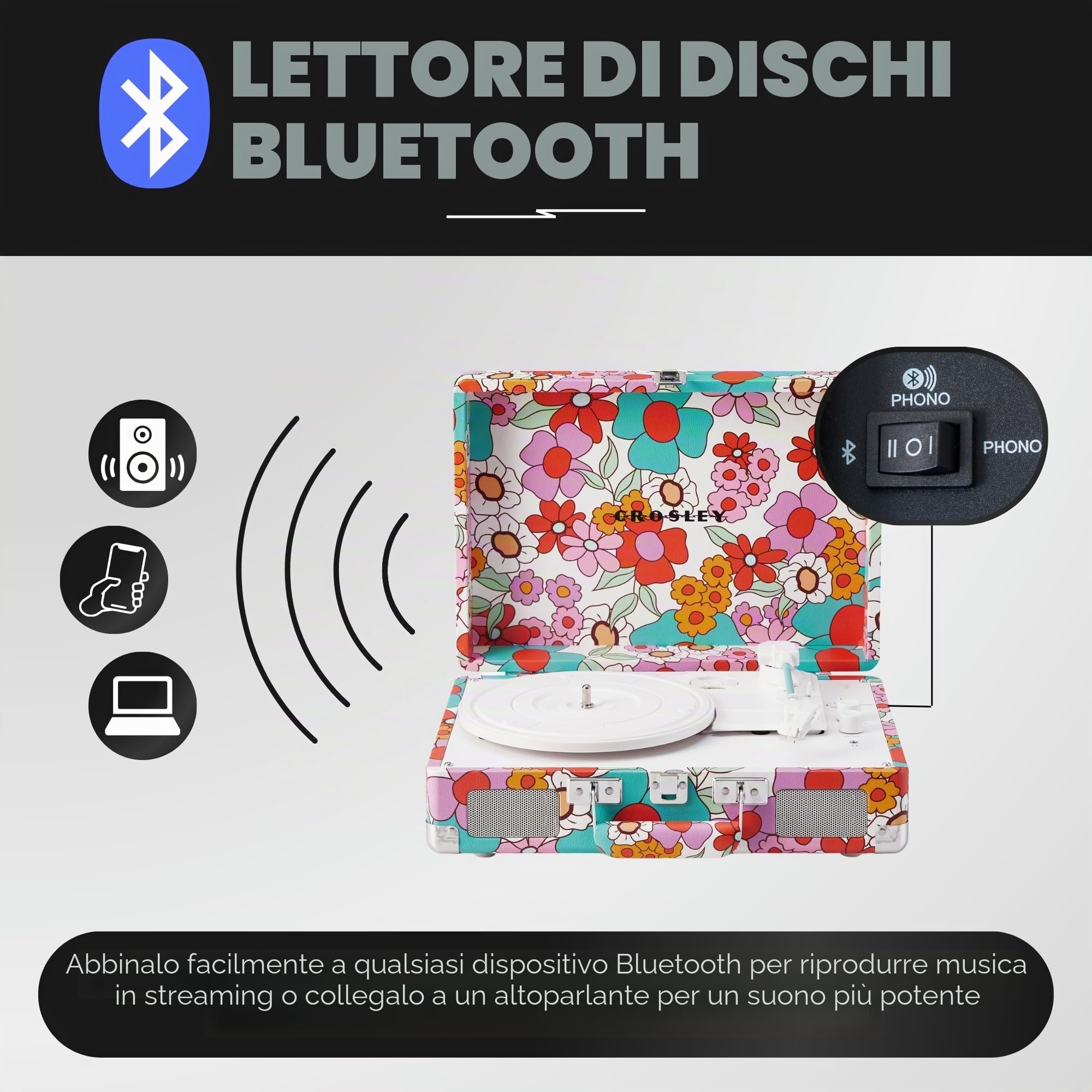 Crosley Cruiser Plus Giradischi con 2 altoparlanti, Bluetooth In & Out e Aux 3 Speed Retro Giradischi – per vinile da 7", 10" e 12" – Portatile con custodia integrata – Groovy Flowers