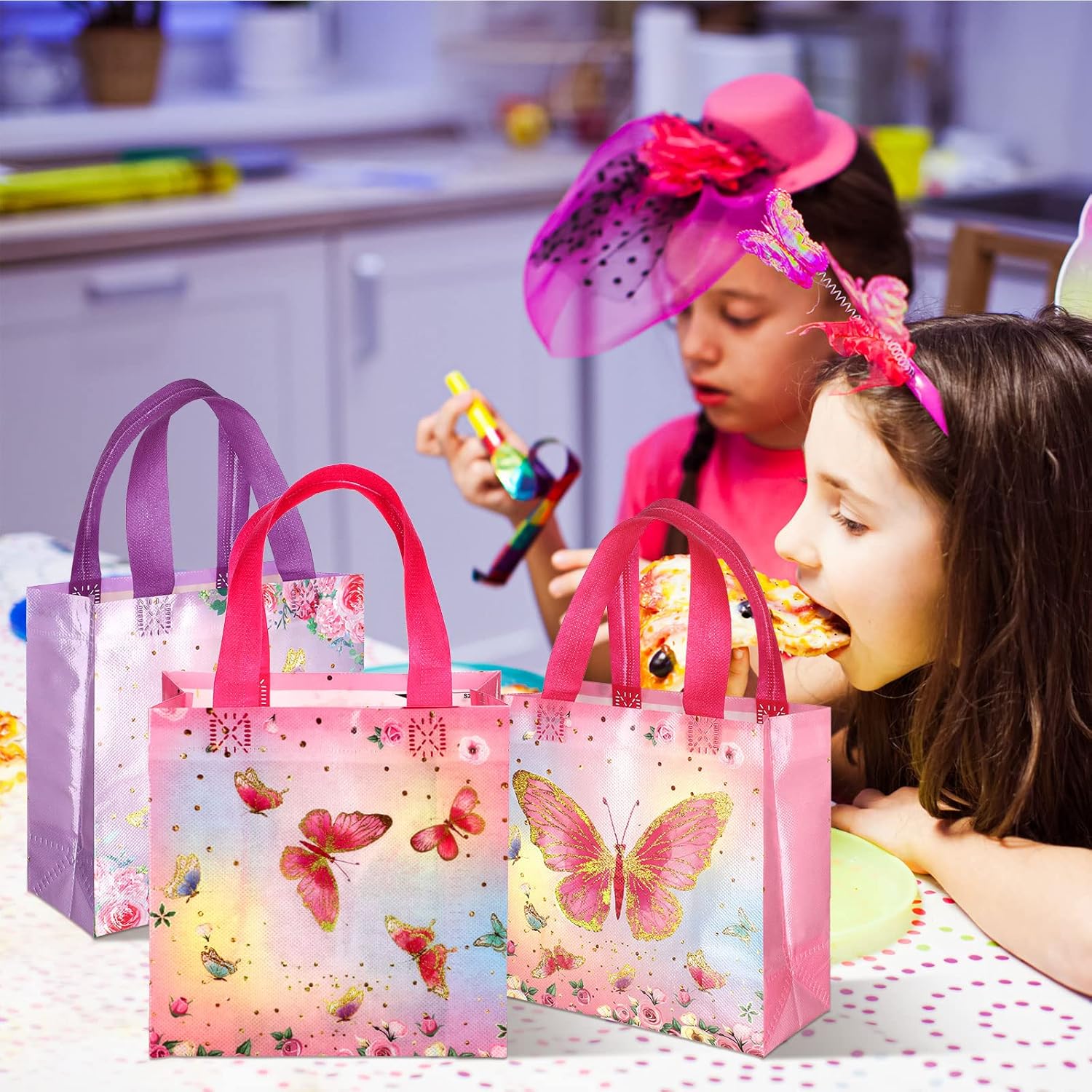 Sweetude 40 Pcs Butterfly Gift Bags Pink and Purple Reusable Totes with Handles Non Woven Butterfly Stylish Candy Bags for Birthday Party - Image 5