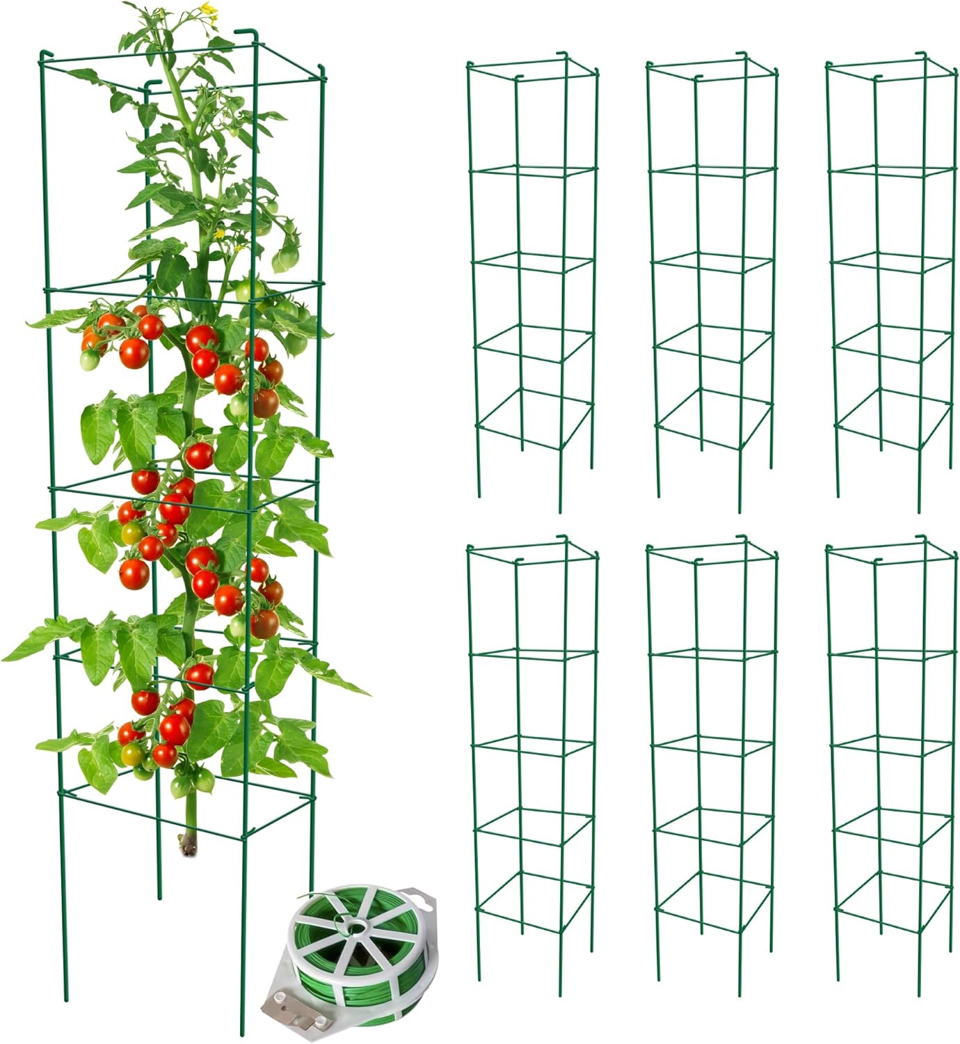 tomato cages 6 packs 57 inches (h) plant stand with 164 feet twist ties, heavy duty garden plants support for tomatoes, cucumber, and other climbing plants (green) 57" h x 12" w green