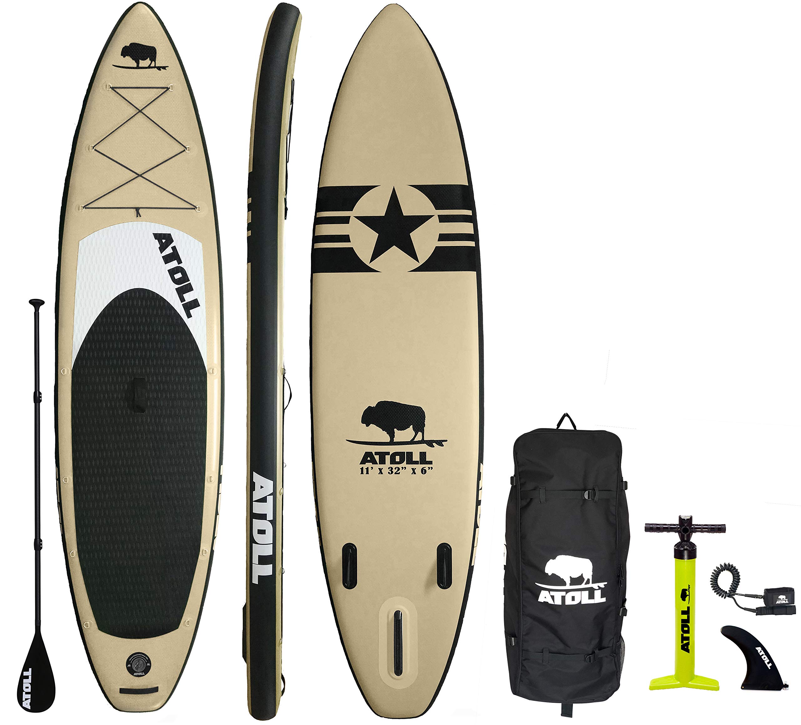 Atoll Inflatable Stand Up Paddle Board ISUP, Bravo Hand Pump and 3 Piece Paddle, Travel Backpack and Accessories New Leash Included Two Sizes - 11ft and 9ft