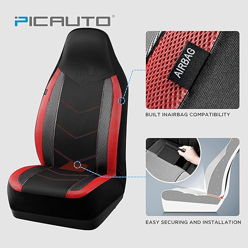 Miniatura 9 de PIC AUTO Fundas de asiento delantero de automóvil con respaldo bajo, diseño de malla de fibra de carbono deportivo, ajuste universal, compatible con