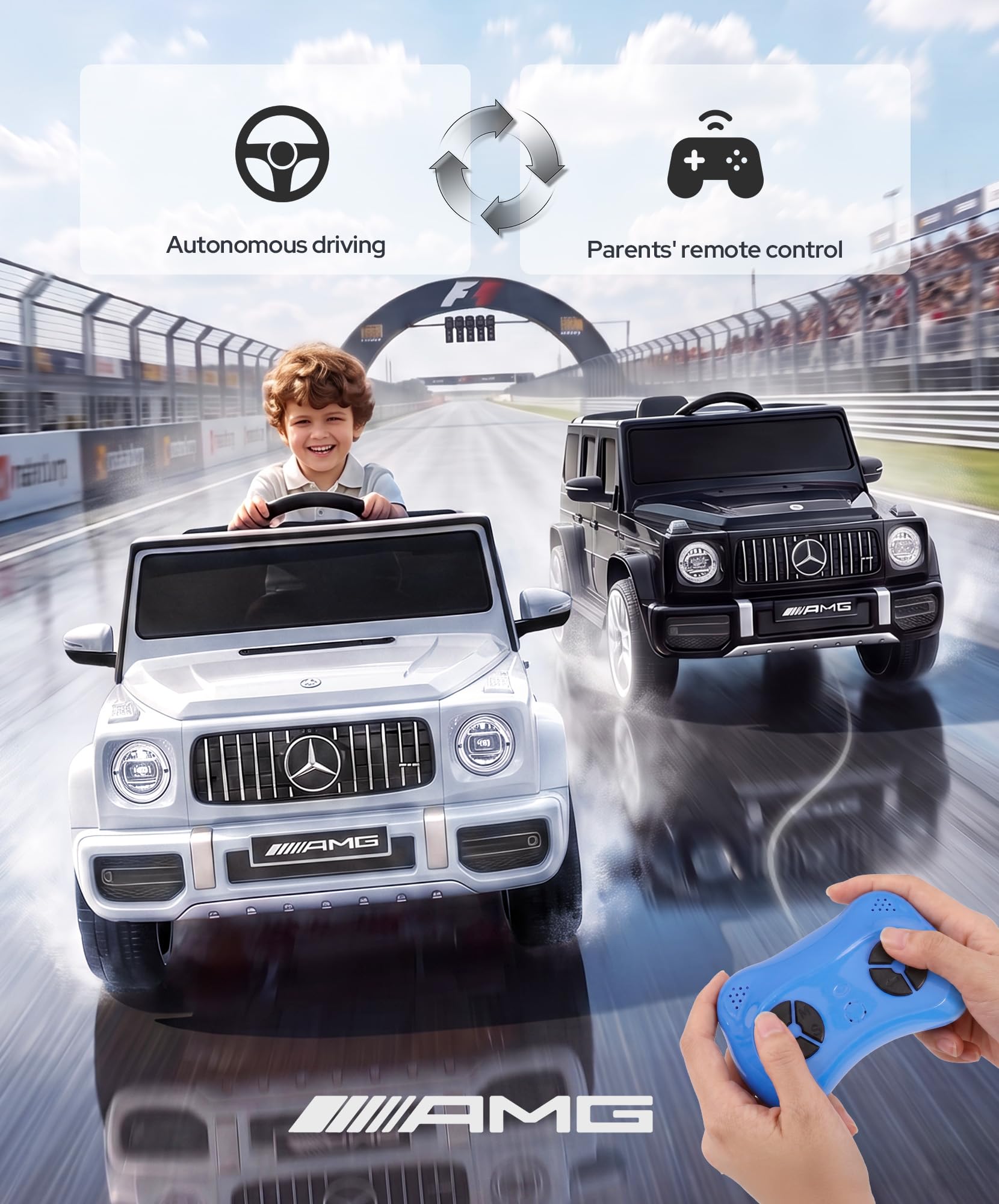 ELEMARA Mercedes-Benz AMG G63 - Auto elettrica per bambini con controllo genitori, giocattolo per camion con sospensioni a molla, Bluetooth, luci tremolanti/luci LED, bianco