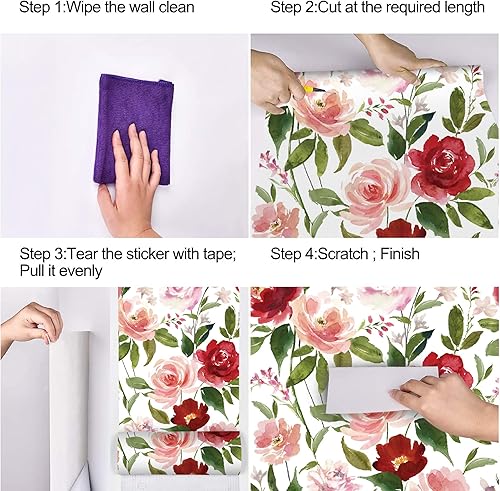 Miniatura 4 de UniGoos Papel tapiz autoadhesivo con diseño floral rojo de acuarela, papel de contacto temporal de flores rosas, papel de contacto decorativo