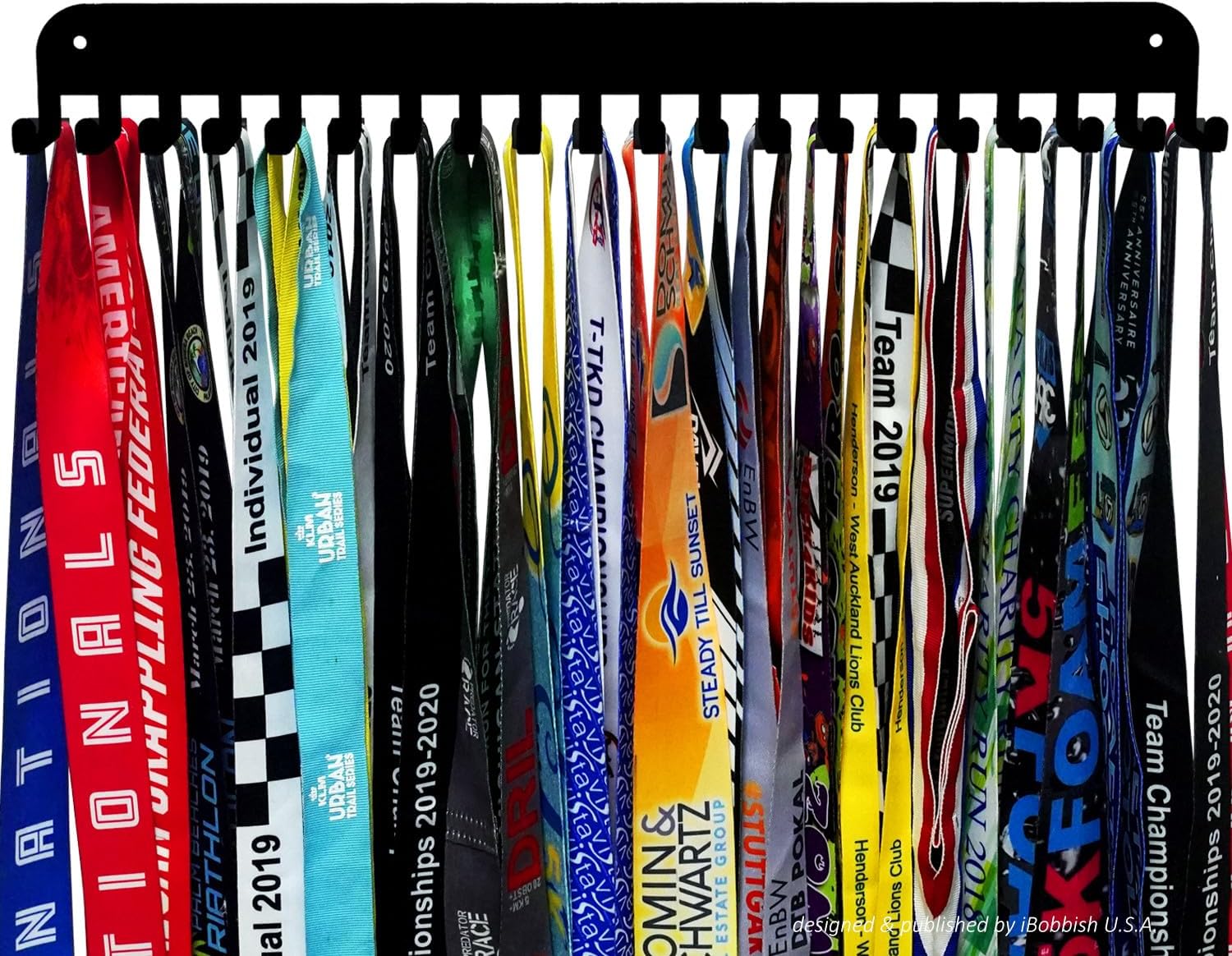 Premium Medal Display Hanger Never Give Up with 20 Hooks,Medal Hanger Display For Wall with 16inchL,race medal display Upgraded Medal Holder display with Simple Design For gymanstics,race,soccer,swim