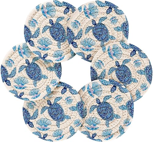 Vista 68 de Juego de 6 posavasos para bebidas con soporte, diseño retro de estrella de mar y estrella de mar, juego de 6 posavasos decorativos absorbentes