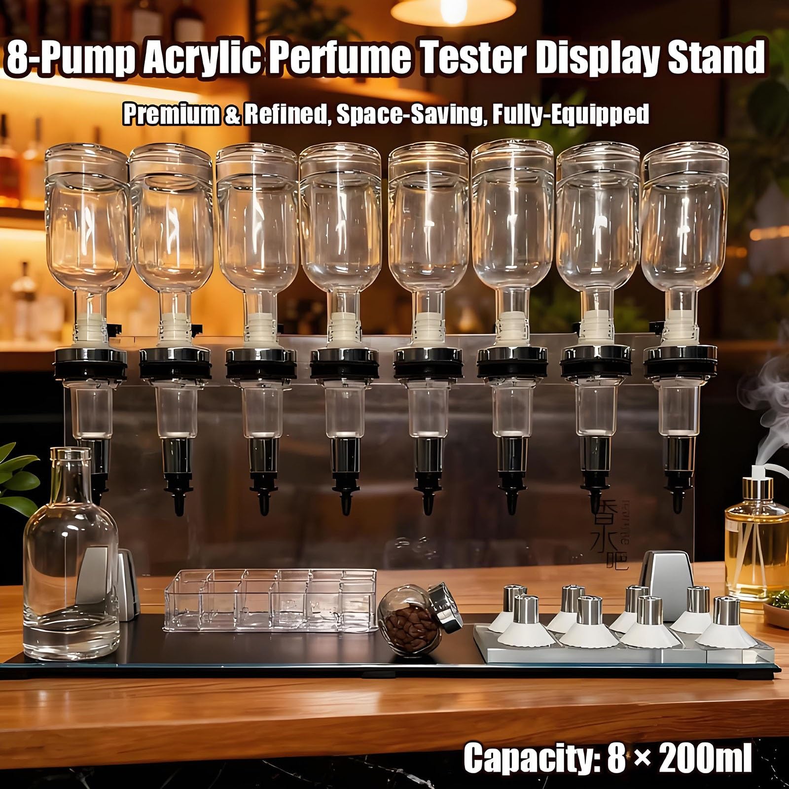 Dispenser manuale di profumo da tavolo, con capacità di riempimento per liquidi, compatibile con 6/8/12 flaconi, flaconi di profumo in vetro da 200 ml e porta-tester professionale per profumi(8 Heads)