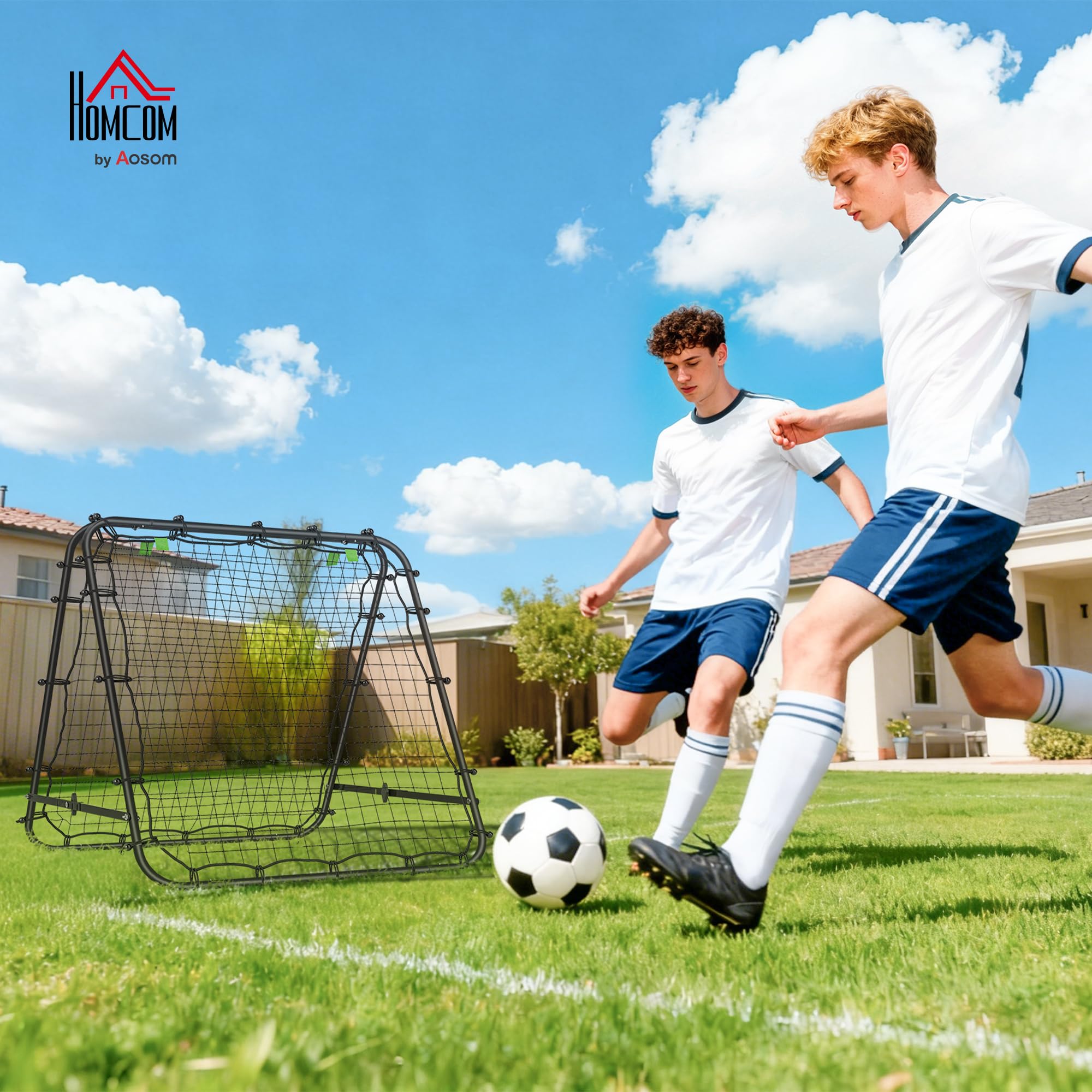 HOMCOM Filet de Rebond Double Face 91 x 91 cm, Filet de Rebond Football Pliable, rebondisseur pour entraînement Football, réglable dans 5 Angles, Structure en Acier