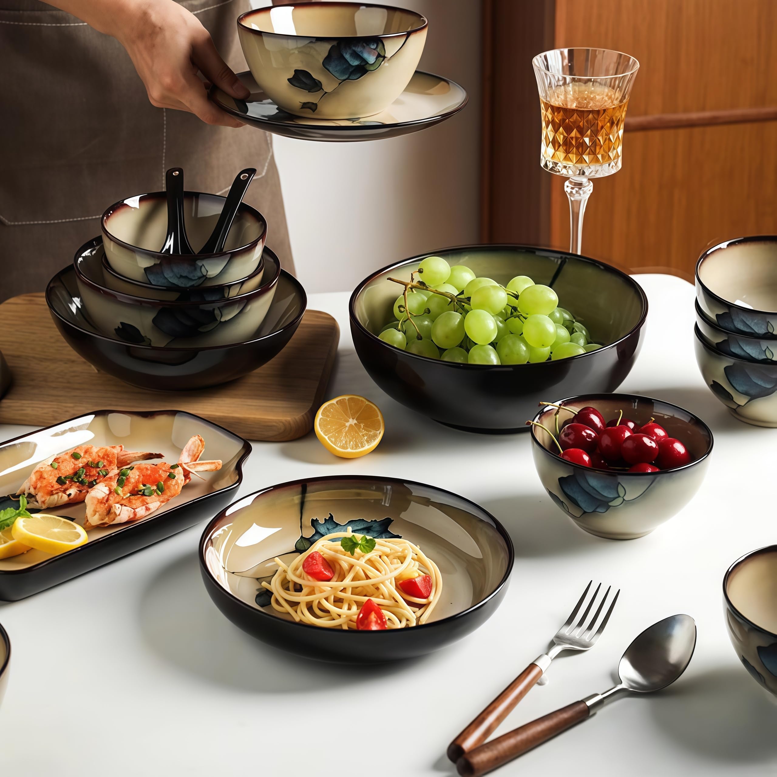 Ele Service de table 18 pièces en porcelaine pour 4 personnes comprenant des assiettes Ceic, des bols en Pa, une casserole à soupe, des cuillères chinoises et des chopstic – T en grès parfait pour les
