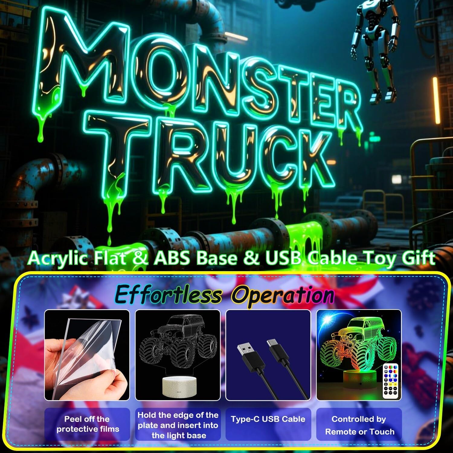 3D Night Lights for Kids, Monster Truck, Kids Night Lamp, Monster Trucks for Boys, 3D Illusion Lamp with Timer 16 Color Changing, Kids Room LED Lighting Decoration with Ideas Monsters Truck Xmas Gifts