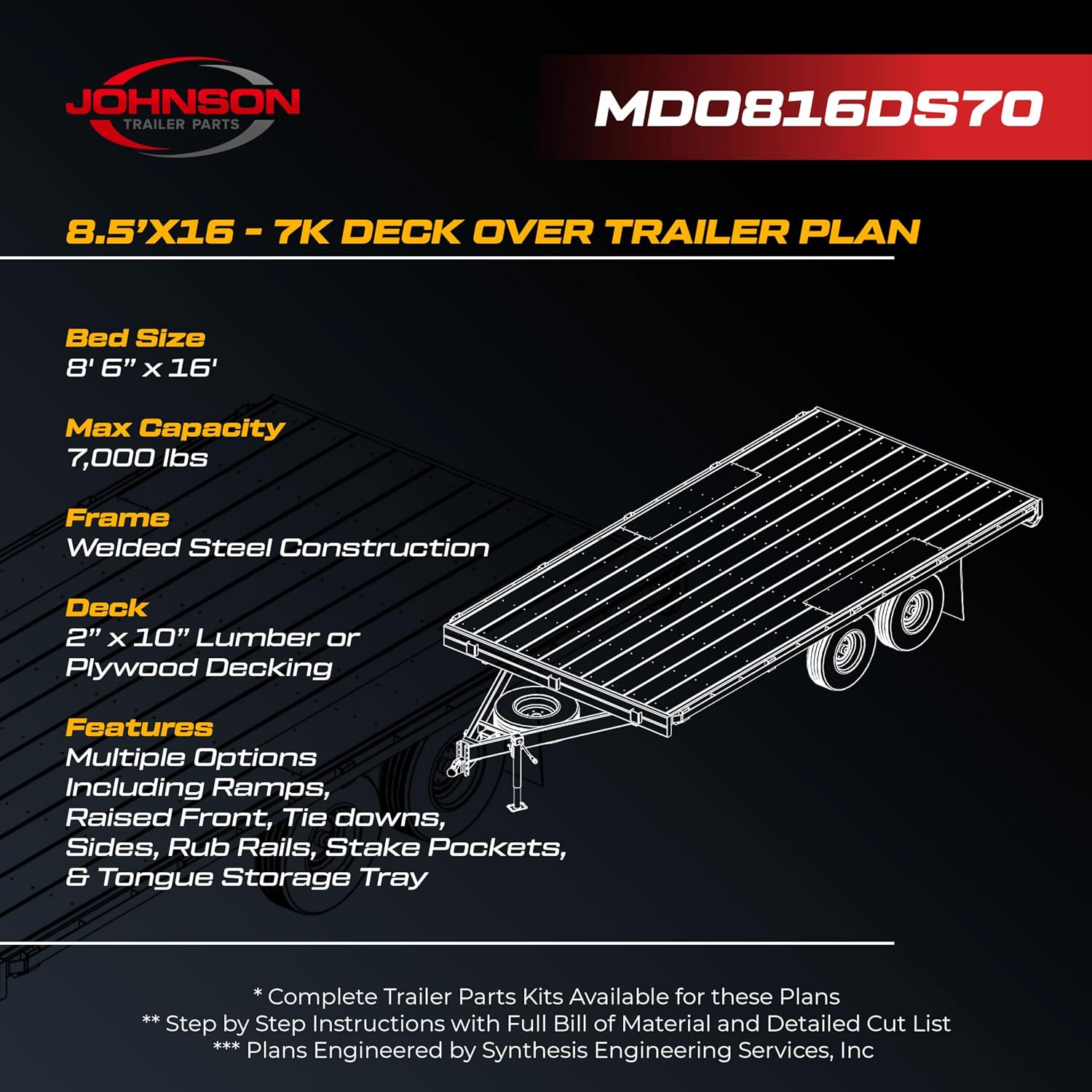 Johnson Trailer Parts 8.5 x 16 Deck Over Trailer Plans, 7,000 lb Capacity, DIY Blueprints, Step-by-Step Instructions, MDO816DS70